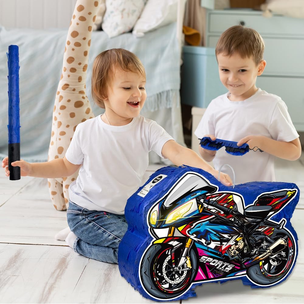 Motorcycle Pinata for Boys, Birthday Party Supplies with Stick and Blindfold for Party Decoration, 15.75 x 11.8 x 4.13 Inches