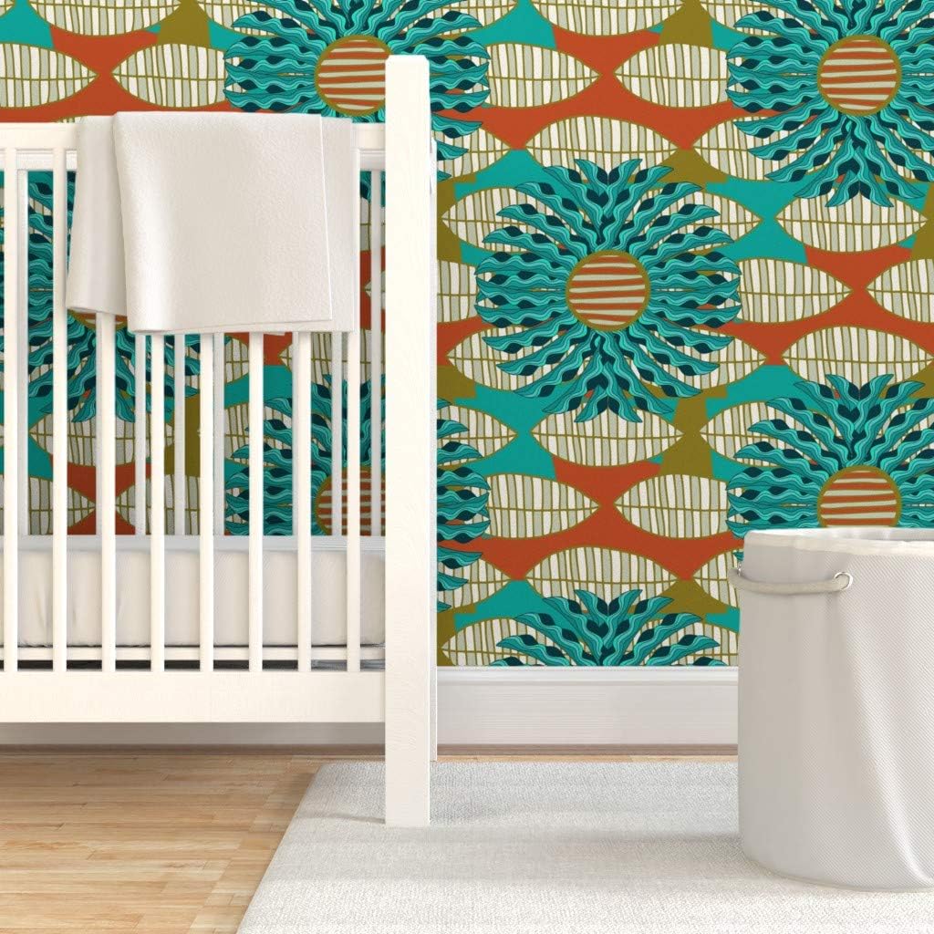 Peel & Stick Wallpaper 3ft x 2ft - African Leaf Mandala Print Turquoise Red Leaves Large Art Abstract Floral Nature Botanical Ethnic Custom Removable Wallpaper by Spoonflower