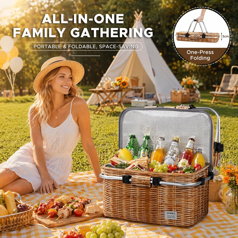 Cestino da picnic con soleggiamento, cestino in vimini, pieghevole, 25 l, borsa termica termica, cestino refrigerante, pieghevole, per il pranzo, per viaggi, picnic