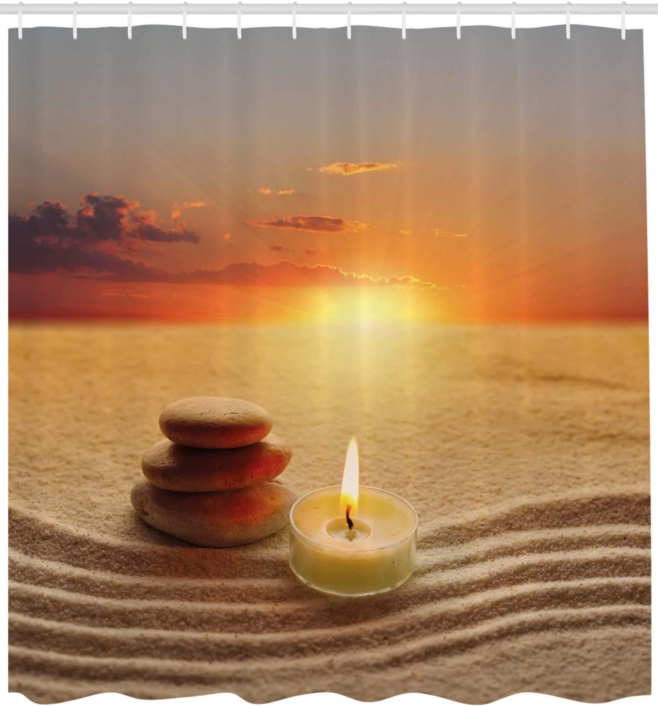 Ambesonne Boho Shower Curtain, Stack of Stones and Candle Yoga Horizon Backdrop Picture, Cloth Fabric Bathroom Decor Set with Hooks, 69" W x 70" L, Orange Sand Brown