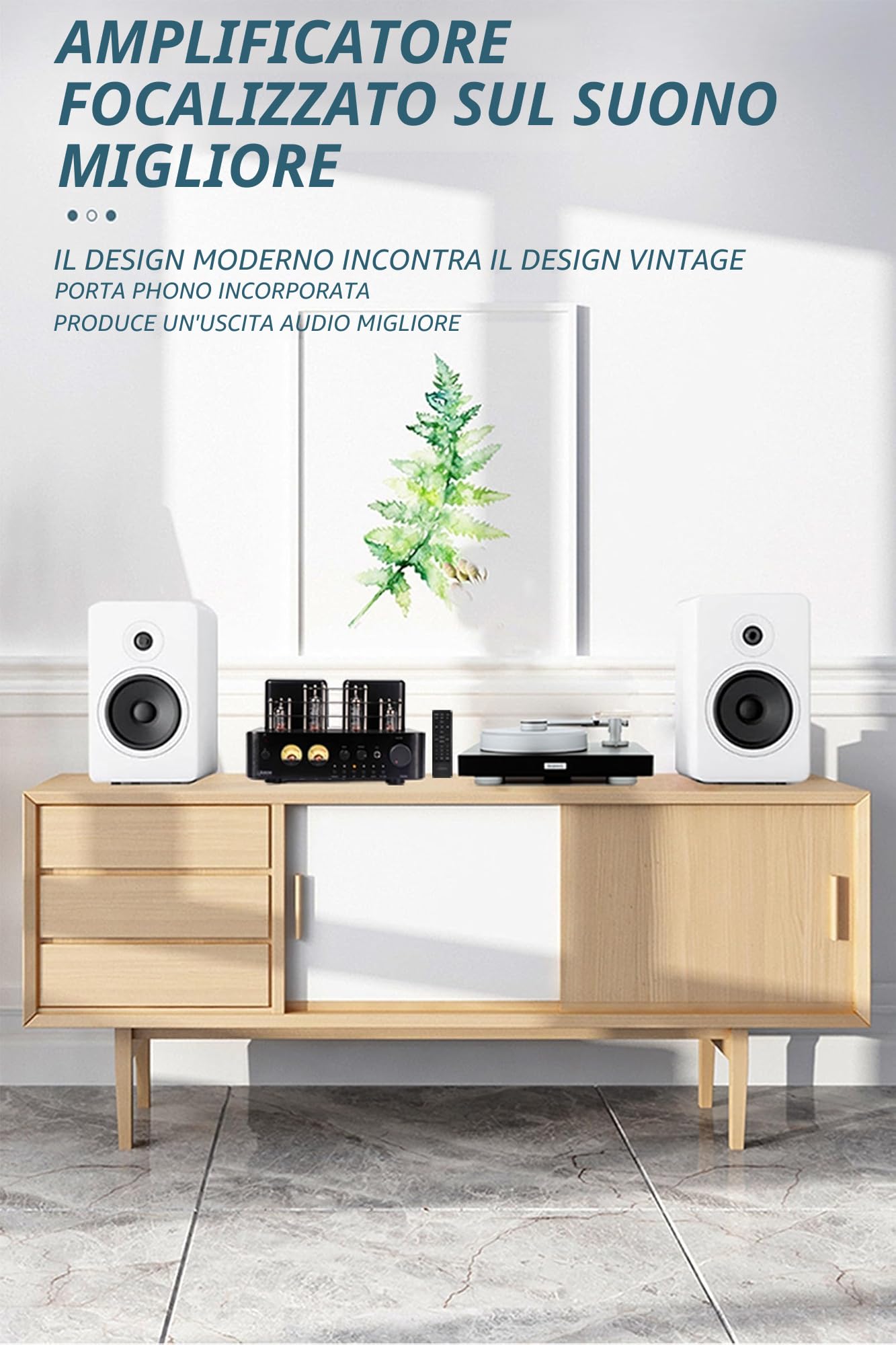 Juson Audio JTA50 Amplificatore a tubo amplificatore Hi-Fi con BT 5.0, telecomando, AUX, COAX, ingresso Phono e USB, uscita subwoofer, 2.1CH per giradischi