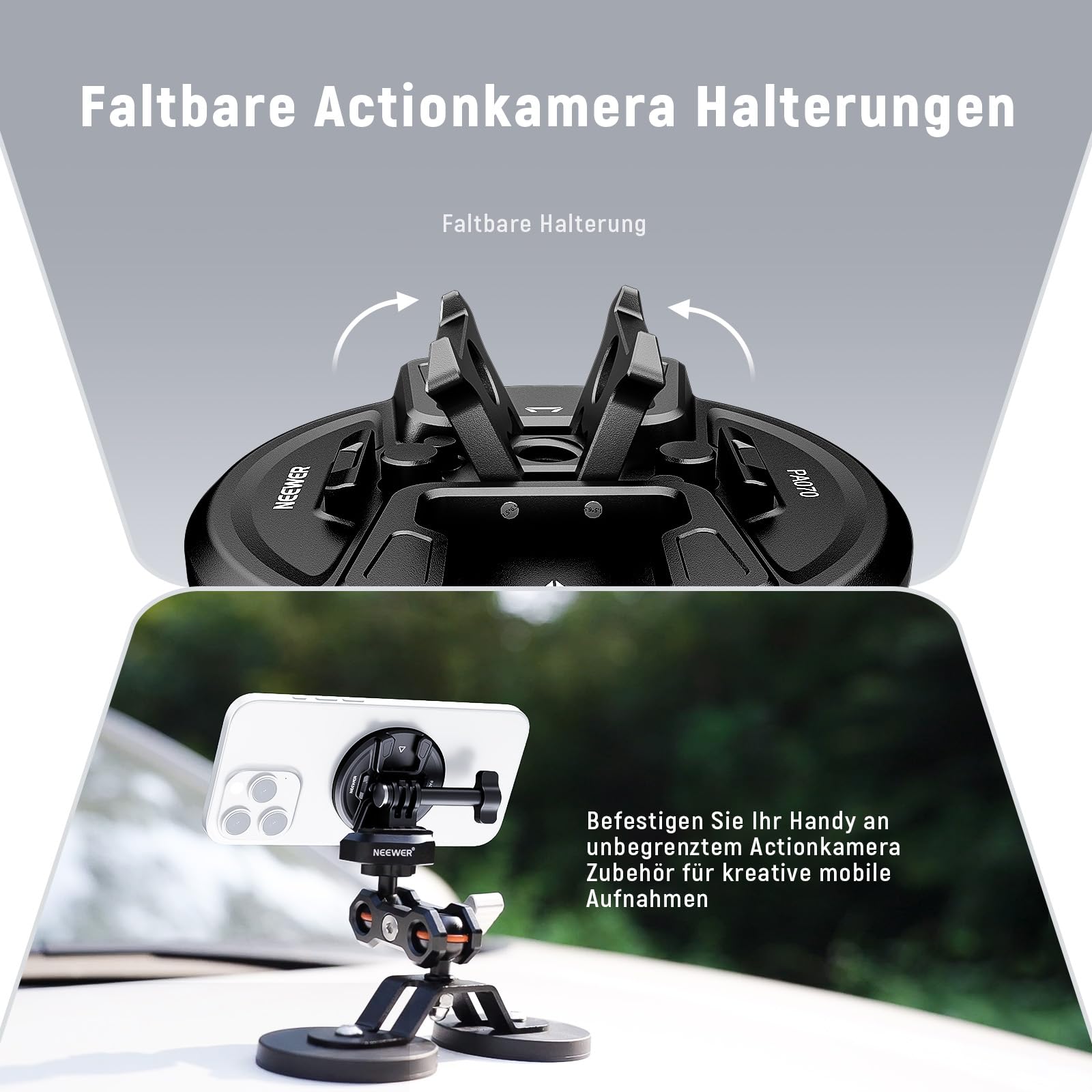 NEEWER Magnetische Handy Stativ Halterung mit Action Kamera Adapter, Cold Shoe mit Anti Off Pin 1/4Gewinde, kompatibel mit MagSafe iPhone 16 15 14 13 12 Serie DJI Schnellwechsel Adapter Mount, PA070