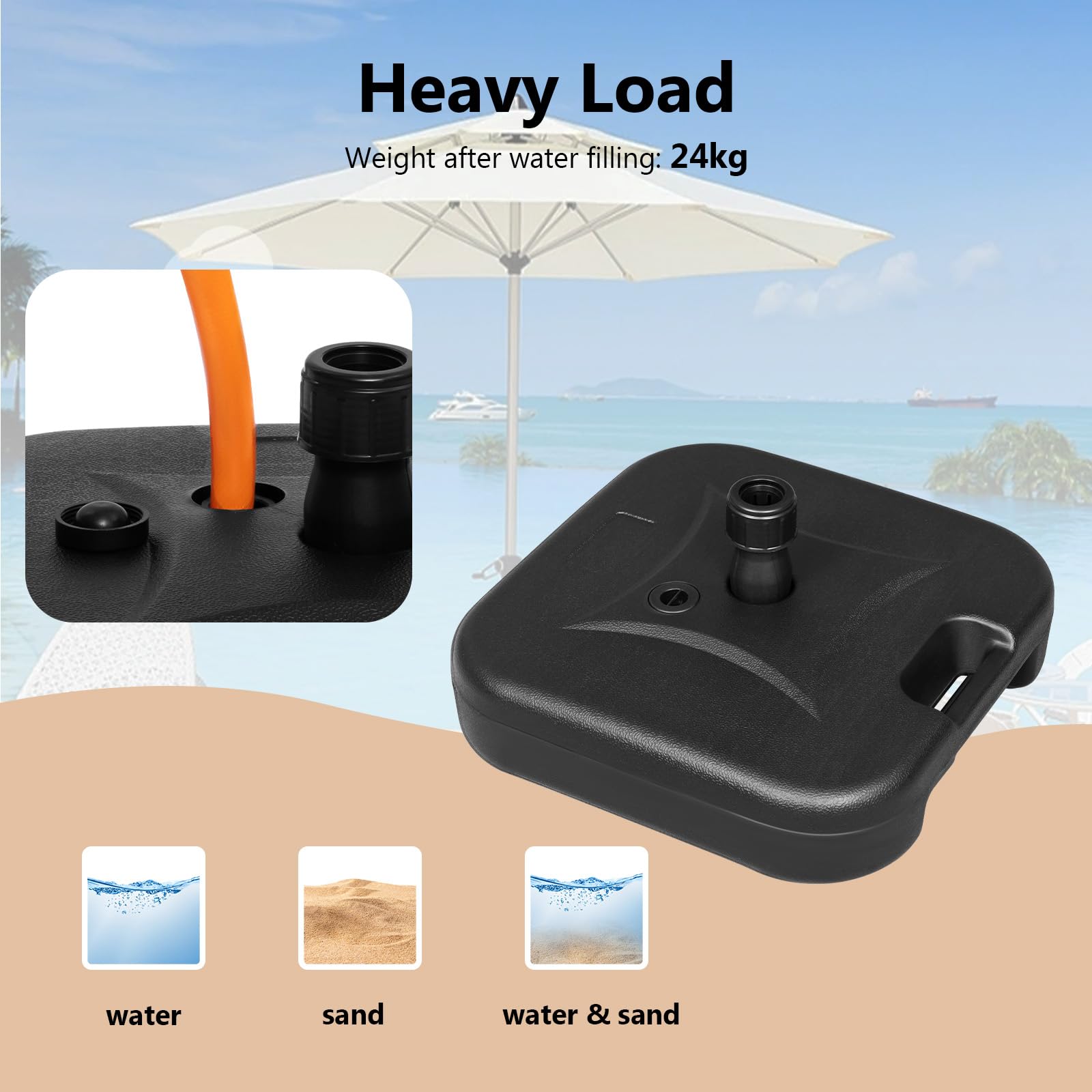 WOLTU Pied de Parasol 19 L à Remplir d'eau ou de Sable, Base pour Parasol avec 2 Douilles d'Insertion Ø 32-38 mm, Support de Parasol en HDPE, en Forme Carrée, Noir