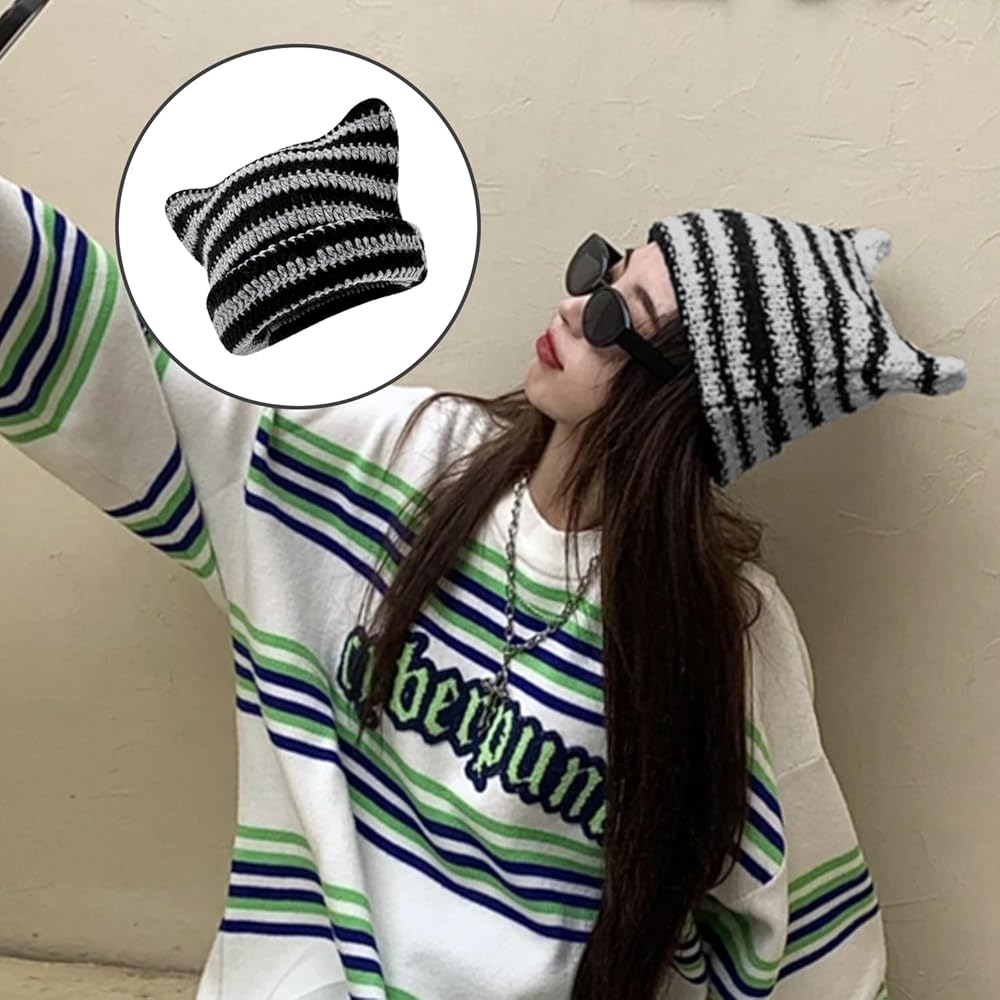 Gorro De Punto A Rayas 4pc,bonito Gorro Con Orejas De Gato | Meses Sin