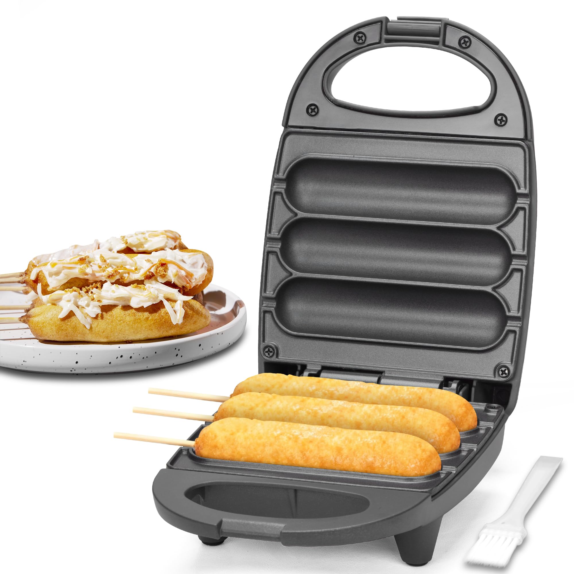 SugarWhisk Electric Corn Dog Maker, Fryer for 3 Mini Corn Dogs on Stick, Cheese Mozzarella Sticks &amp; Treats, Corndog Maker Machine, Hot Dog Machine, Brush Included, Graphite