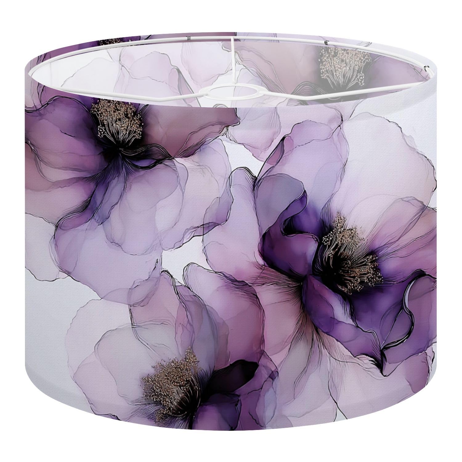 Fabric Drum Lamp Shade Delicate Purple Lavender Abstract Floral Watercolor Vintage Funky Medium Linen Decorative Lampshades 13inch Set of 1 for Table Lamps, Floor Lamps,Ceiling Lamp