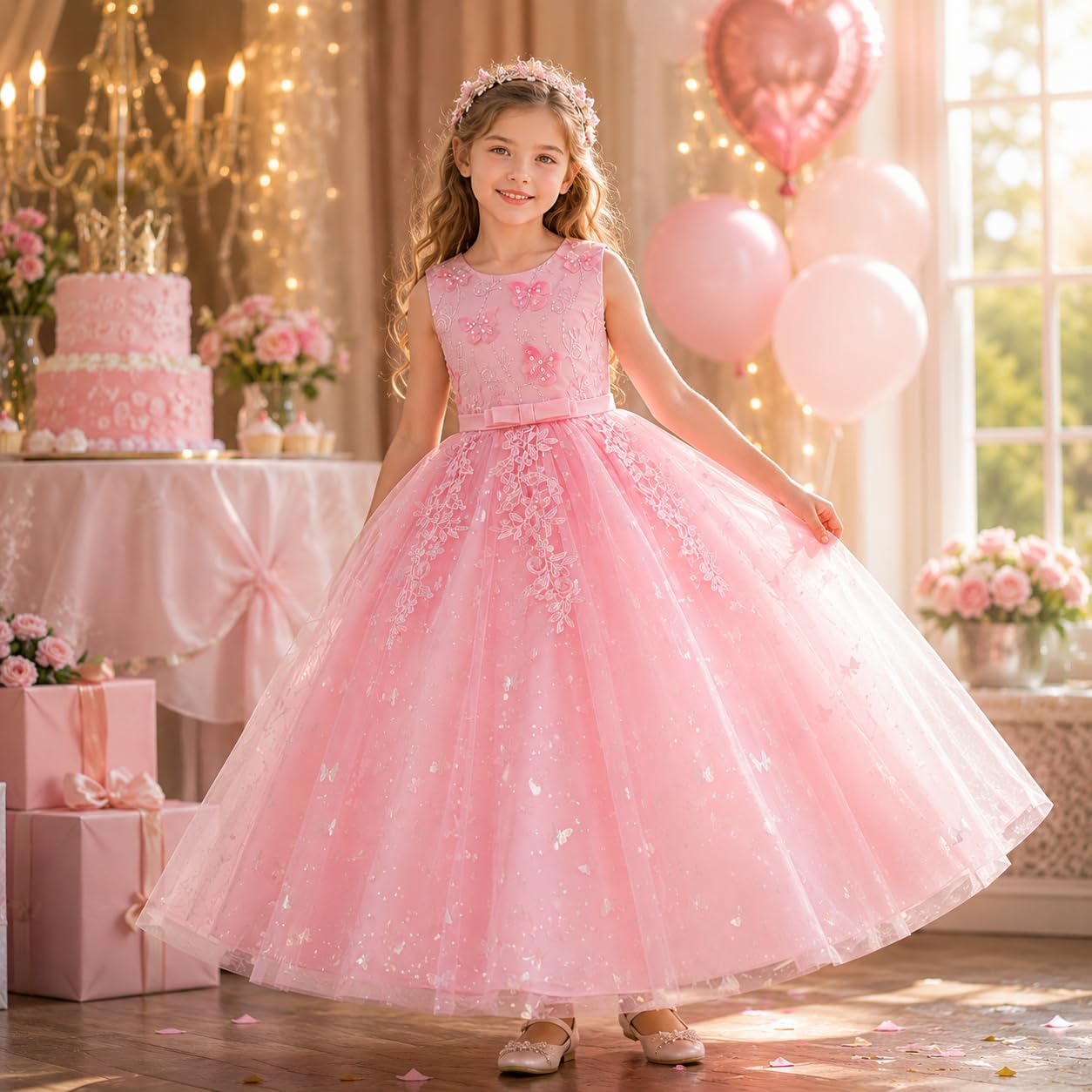 Vestido de fiesta para niña, vestido de princesa de tul con lentejuelas | Vestido festivo para niña con encaje floral bordado y tul multicapa, para bodas, cumpleaños y desfiles