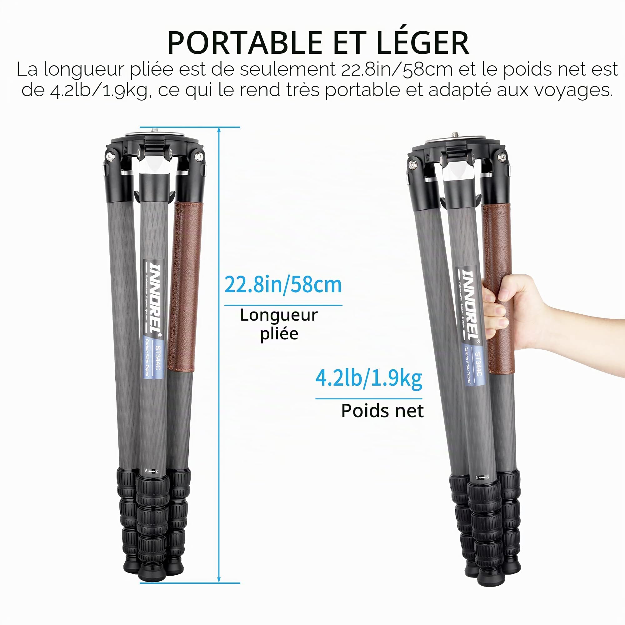 Carbon Fiber Tripod-INNOREL ST344C Professional Heavy Duty Camera Stand with 75mm Bowl Adapter Tube Leg 34.4mm, Max Load 77.2 lbs/35kg,Max Height 63 in/160cm for DSLR Travel Shooting No Mid-Column