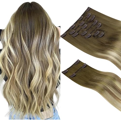 HOTBANANA Clip in Hair Extensions Real Human Hair, 150g 9pcs 22 inch Walnut Brown to Ash Brown and Bleach Blonde Straight Remy Clip in Extensions Full Head for Women