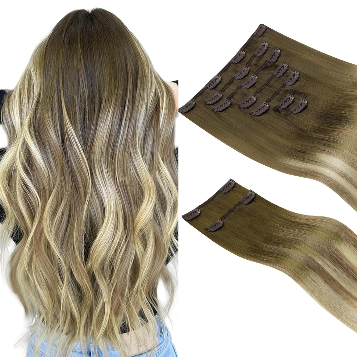HOTBANANA Clip in Hair Extensions Real Human Hair, 150g 9pcs 20 inch Walnut Brown to Ash Brown and Bleach Blonde Straight Remy Clip in Extensions Full