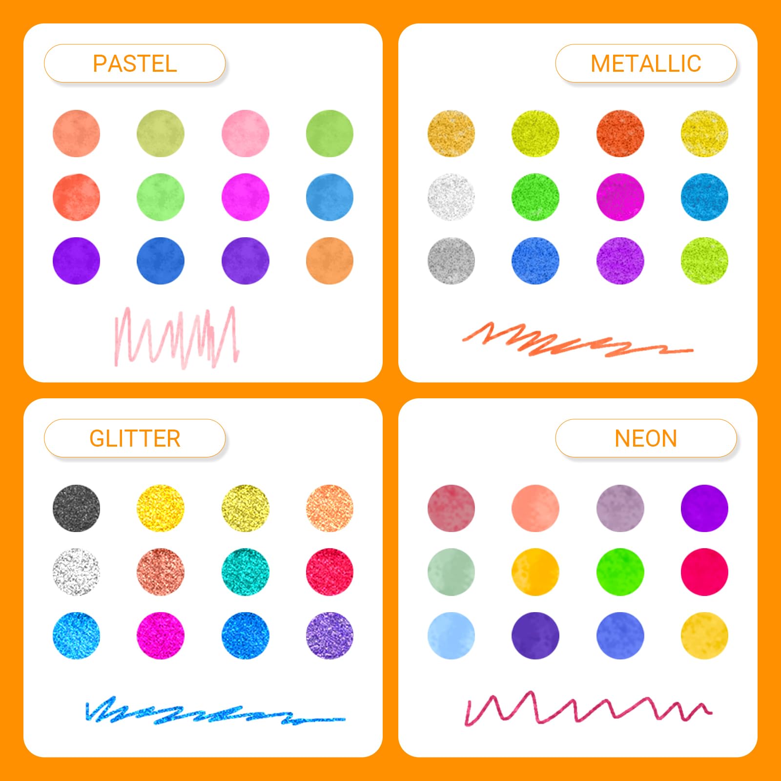 RMIVEGLIA Set da 48 Penne Gel Colorate - 12 Metallizzate, 12 Glitterate, 12 Neon, 12 Acquerello