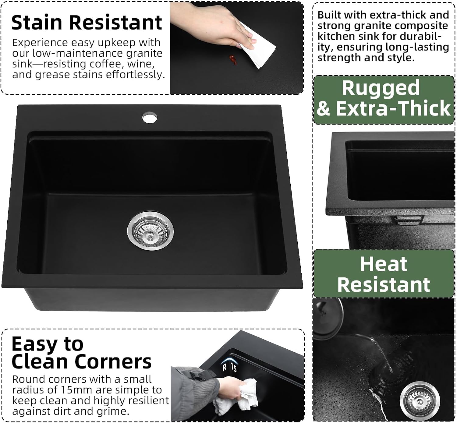 Davivy 25 Inch Black Granite Composite Kitchen Sink Workstation, Quartz Kitchen Sink Black, Drop in & Undermount Installation, Single Bowl Design with Accessories