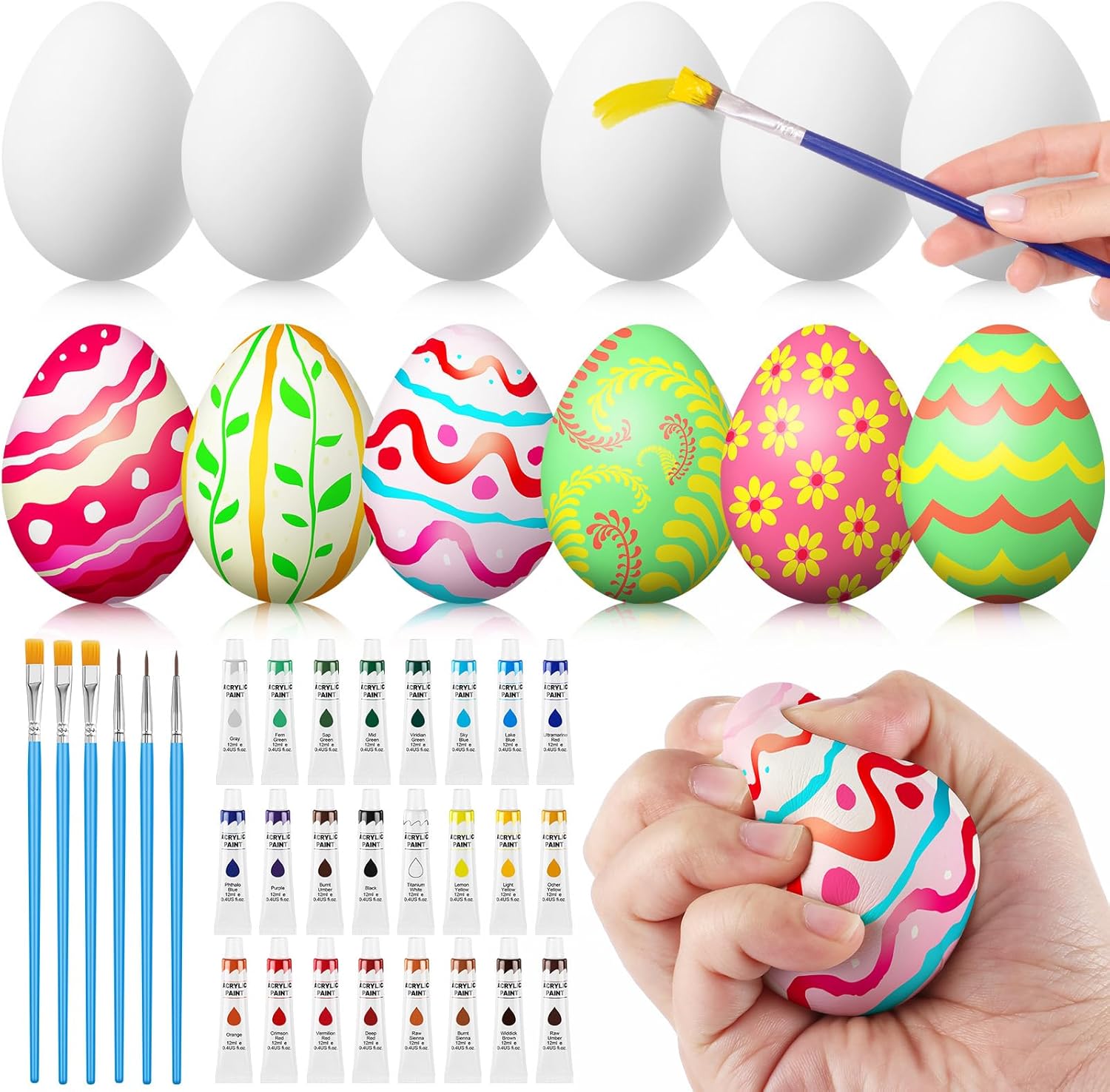 Poen 12 Pcs Easter Egg Coloring Decorating Dye Kit with Paints, Easter Squeeze Slow Rising 3 x 2.2 in White Eggs Toys Coloring Craft Kit DIY Make Your Own Painting Eggs Party Favors Supplies