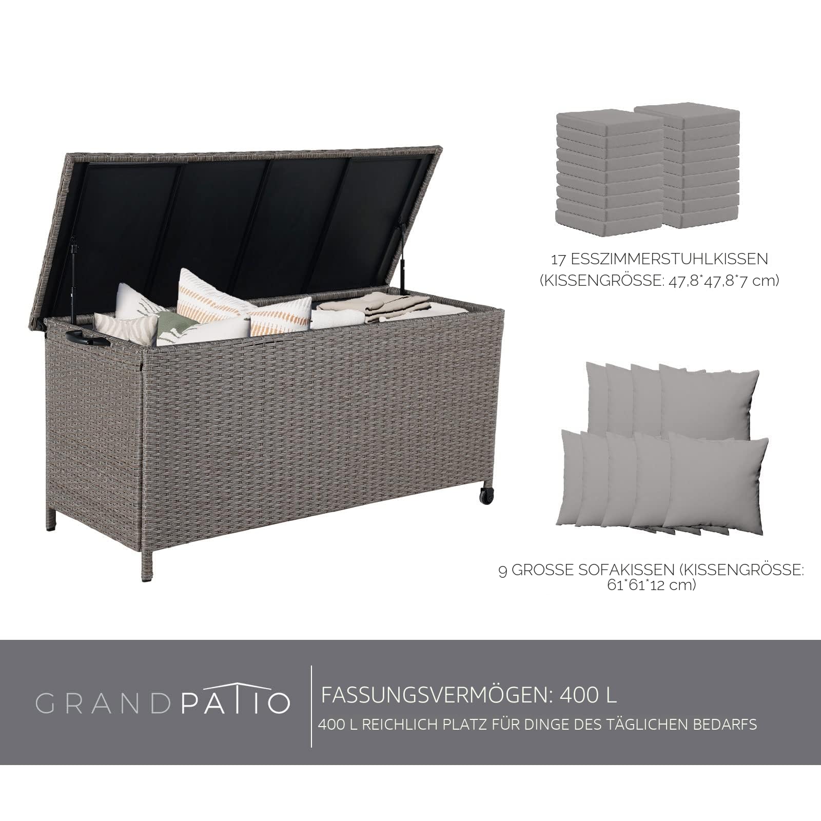 Grand patio Rattan Auflagenbox 480 Liter Gartenbox mit Deckel und Gasdruckfedern, UV-beständig Aufbewahrungskiste mit Zwei Radern, Leicht Bewegen, Kissenbox für Garten, Balkon