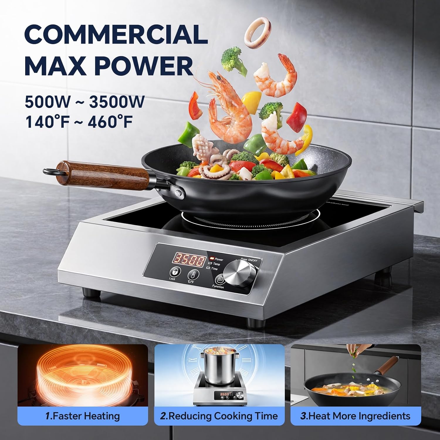 3500W Commercial Induction Cooktop with Knob & LCD Display – 10-Level Precise Power Control, Quiet Cooling System for Home Chef, Catering & Outdoor Cooking