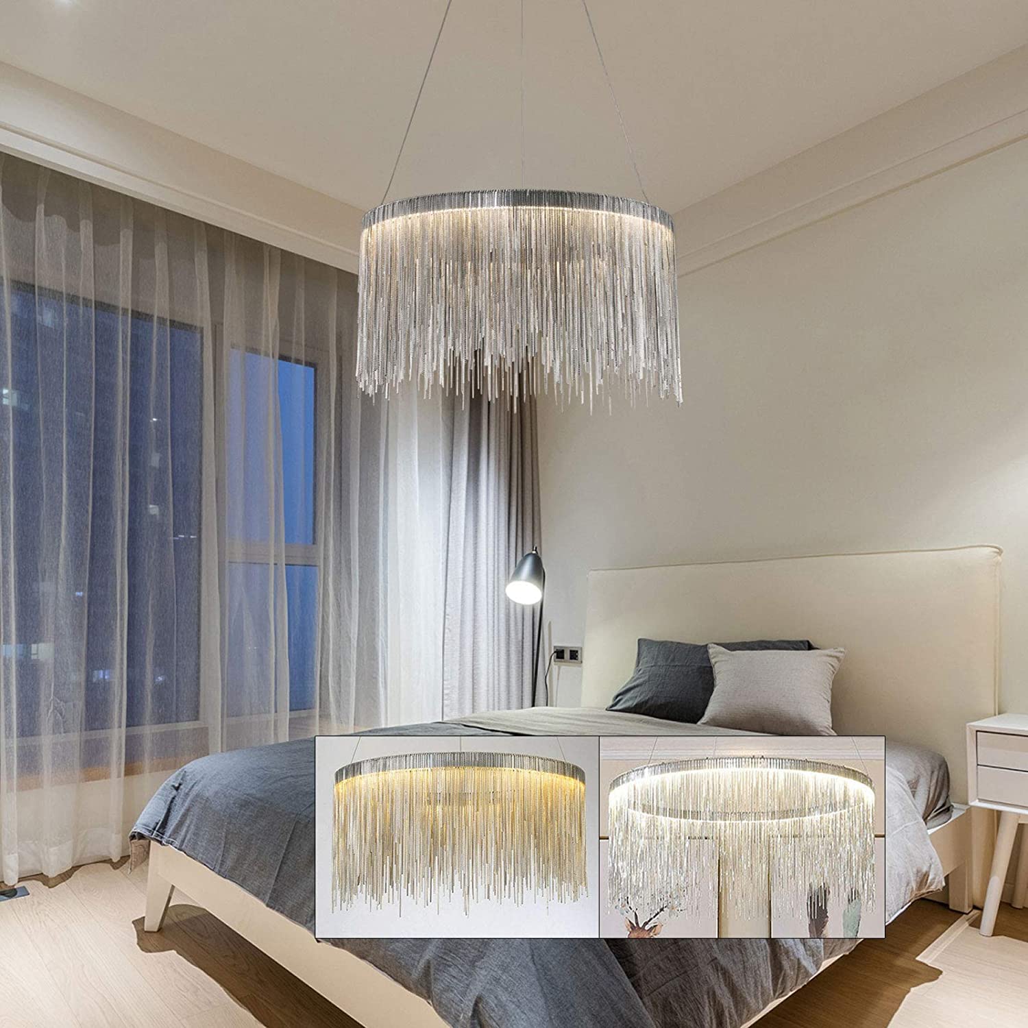 Dario Moderno in Metallo con Catena a Nappa, Dario lineare a LED, Dario Moderno Rotondo per la casa, 3 luci dimmerabili per Cucina, Isola, Sala da Pranzo, Camera da Letto