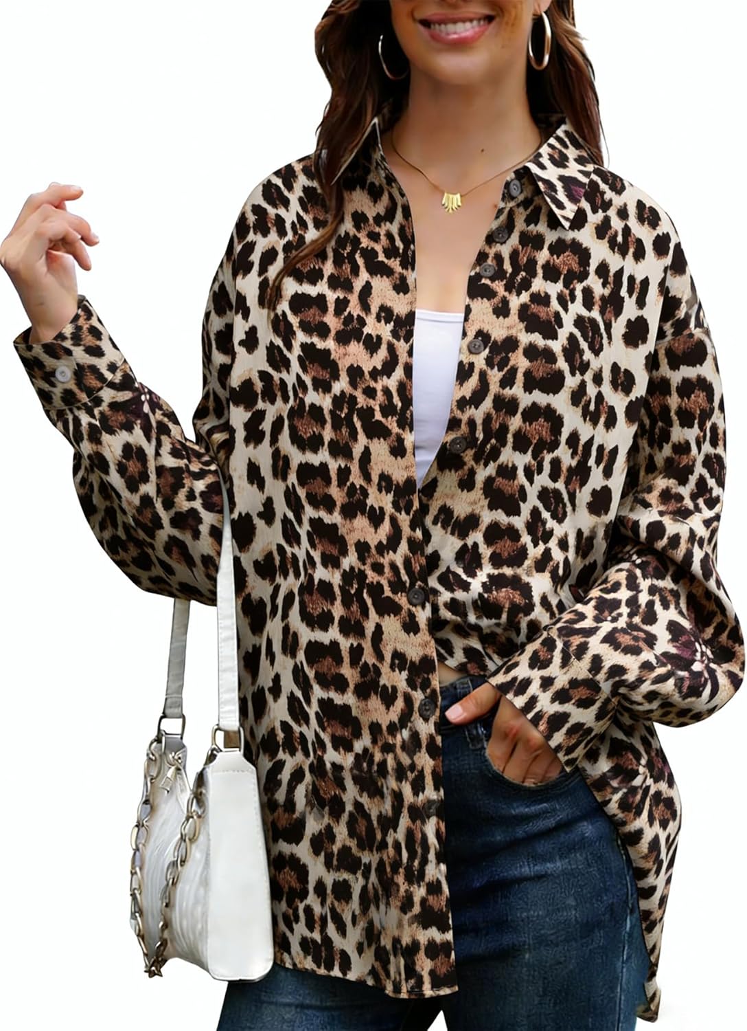 Dressmine Women's Leopard Print Top Long Sleeve Button Down Shirts Oversized Collared Business Blouse Floral Shirt