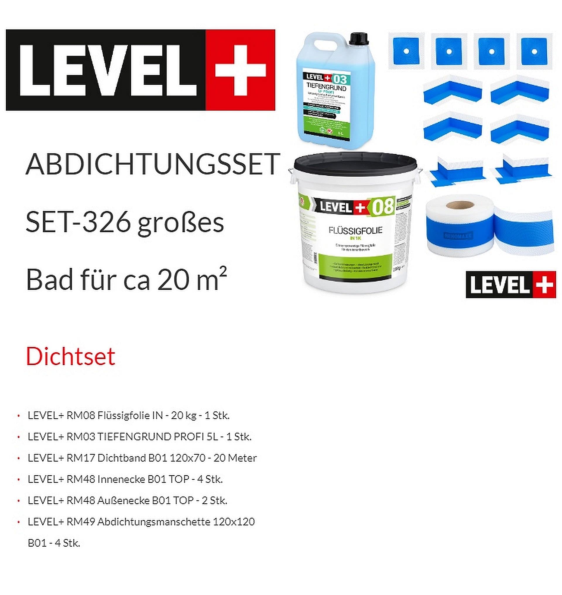 SET326 - Set de sellado para baño (20 kg, lámina líquida, 4 esquinas interiores, 2 esquinas exteriores, 4 manguitos de pared, 20 m de cinta de sellado, imprimación de profundidad de 5 L)