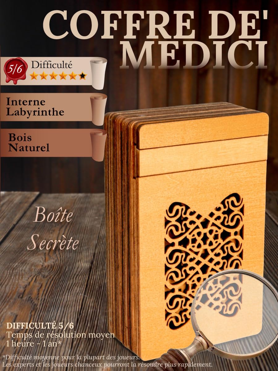 Logica Jeux Art. Coffre de' Médicis - Casse-tête en Bois - Boîte Secret - Difficulté 5/6 Incroyable - Collection Leonardo da Vinci