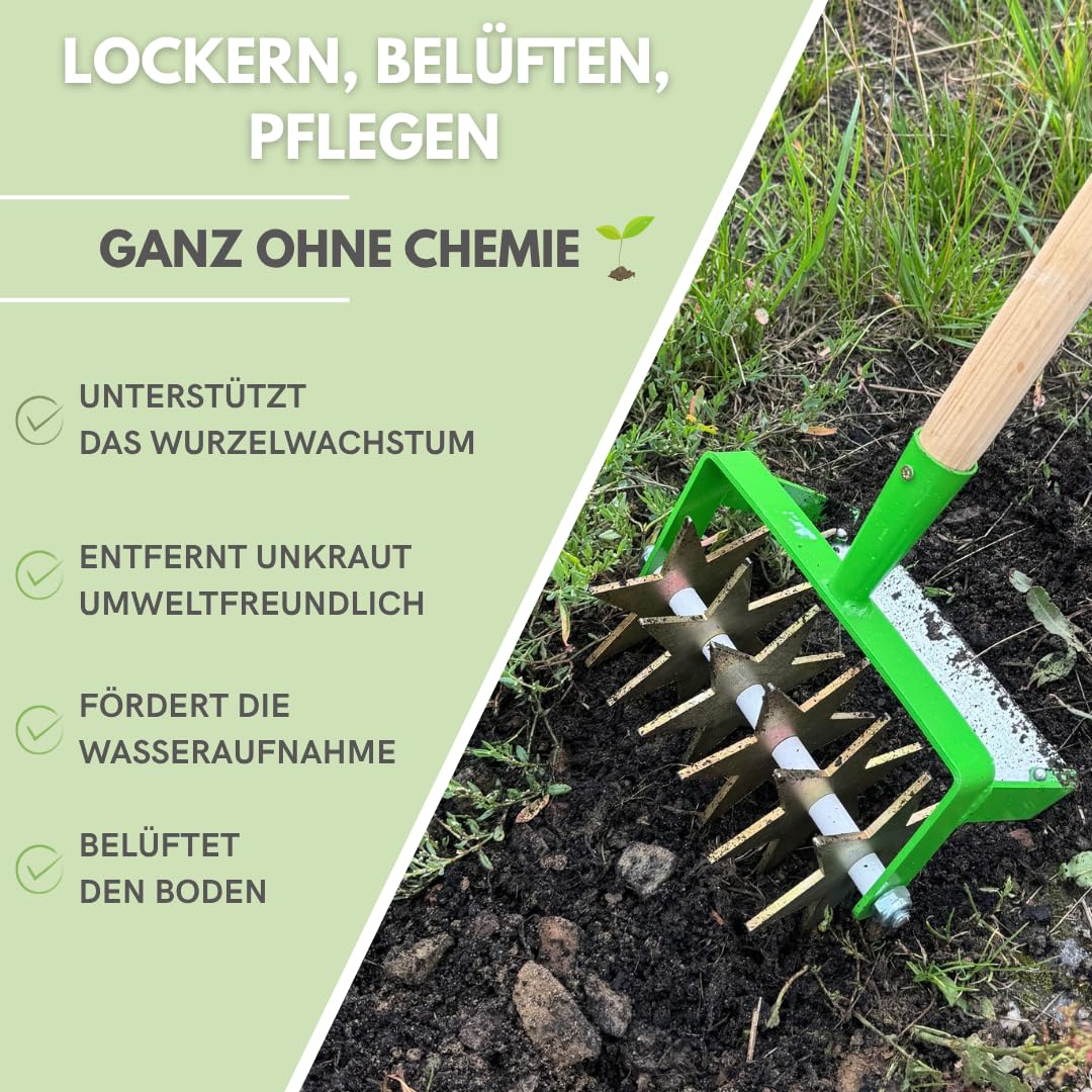Kultivator Sternfräse mit 6 Sternen und Jätemesser, Krümler 21 cm, Bodenkrümler, Rollhacke 2-Reihe, BR: 20cm, Gartengerät EU-Produktion TMX