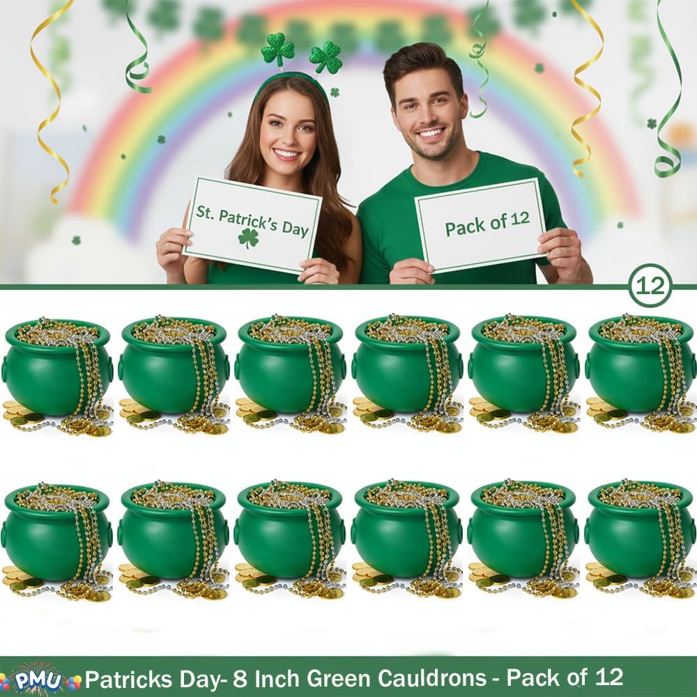 PMU 12 Pcs 8" St. Patrick's Day Green Cauldron, Mardi Gras, Halloween, St. Patrick's Day Pot of Gold Bucket Party Decoration Supply Accessory (1/pkg)