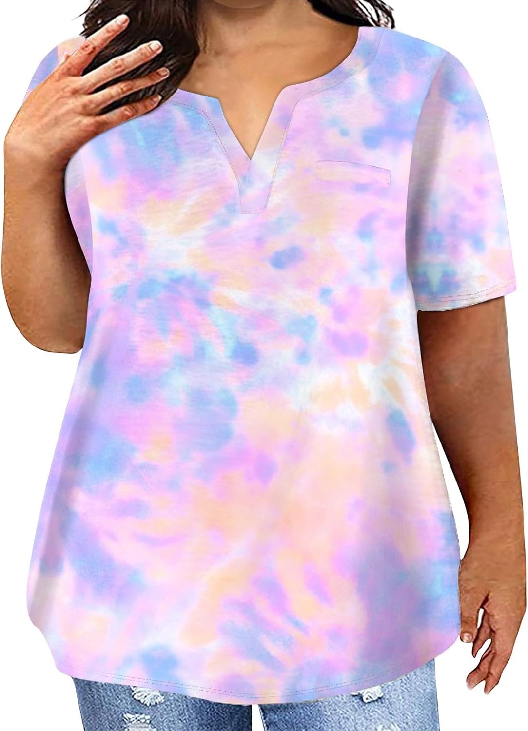 Ladies Plus Size Tops, Short Sleeve V Neck Tops Casual Summer Tie Dye T Shirts Loose Fit Tunic Blouses, L-5XL