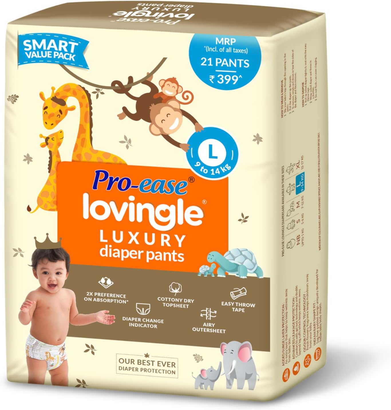 Pro-ease Lovingle Luxury Baby Diaper|Pant Style Diaper for Baby|Diaper L size|2X preference on Absorption*IAdvanced Leakage Protection|Wetness Indicator|Easy Throw Tape|9-14 kg|21 Pieces