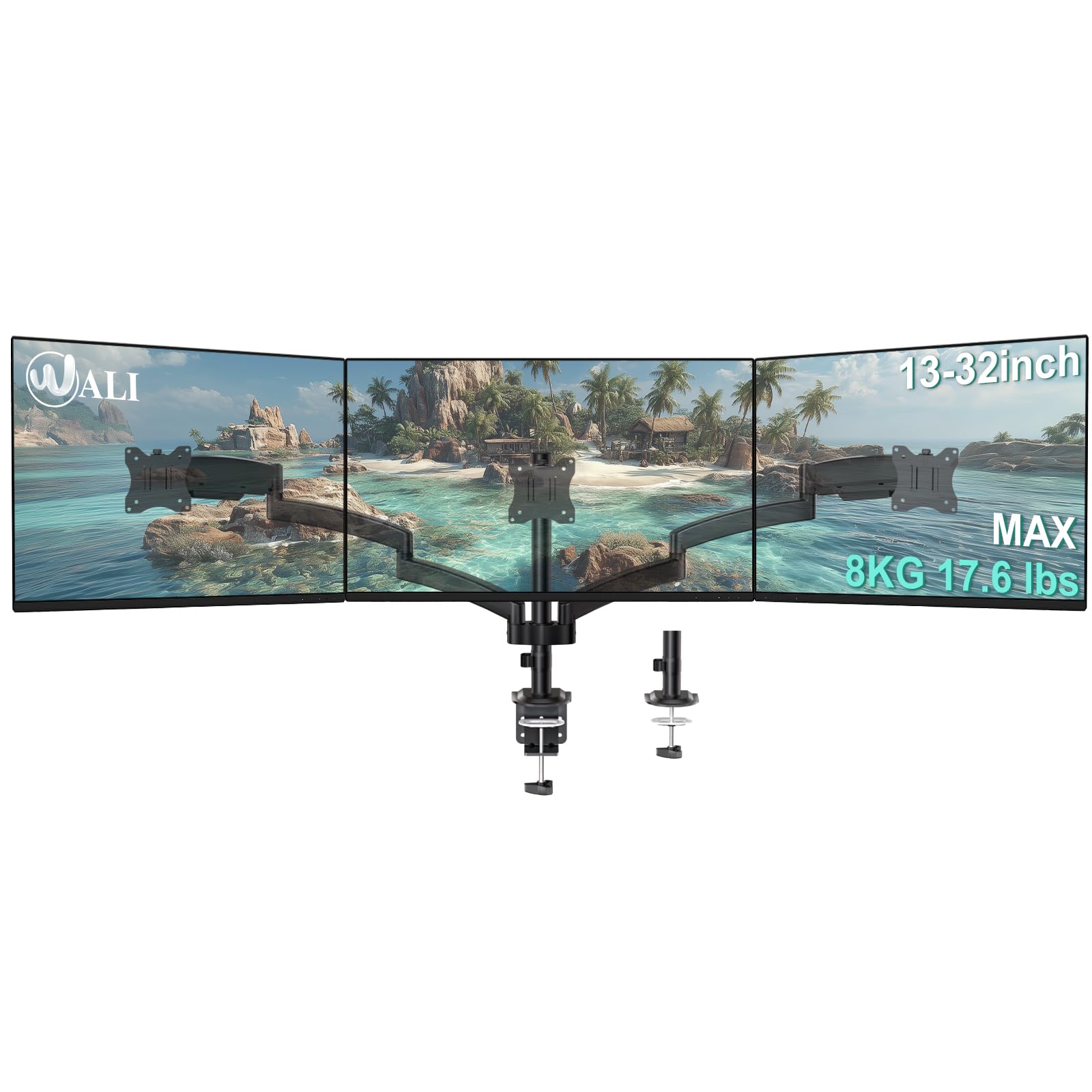 WALI Monitorhalterung 3 Monitore,Triple Tischhalterung mit Gasfederarmen für Bildschirme bis 32 Zoll, Bildschirmhalterung 3 Monitore VESA 75x75/100x100mm (GSDM003),Schwarz