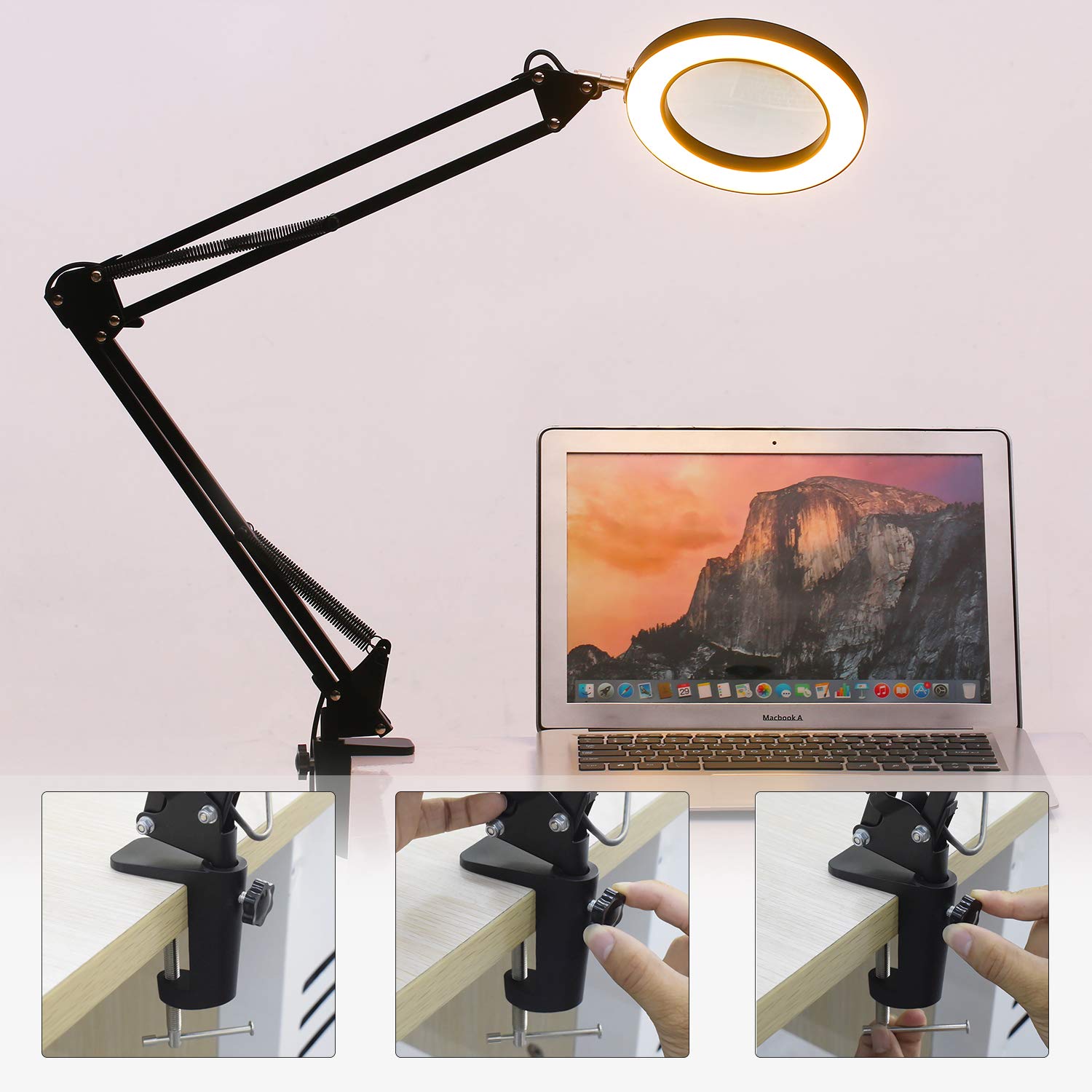 LED Lupenleuchte it Klemme, Hancaner Arbeitsplatzlampe, Dimmbar USB Aufladen 5 Dioptrien Lupe mit Licht, Schwenkarm,3 Farbmodi, 105-mm Glaslinse für Arbeit, Lesen, Hobbys und Nähen