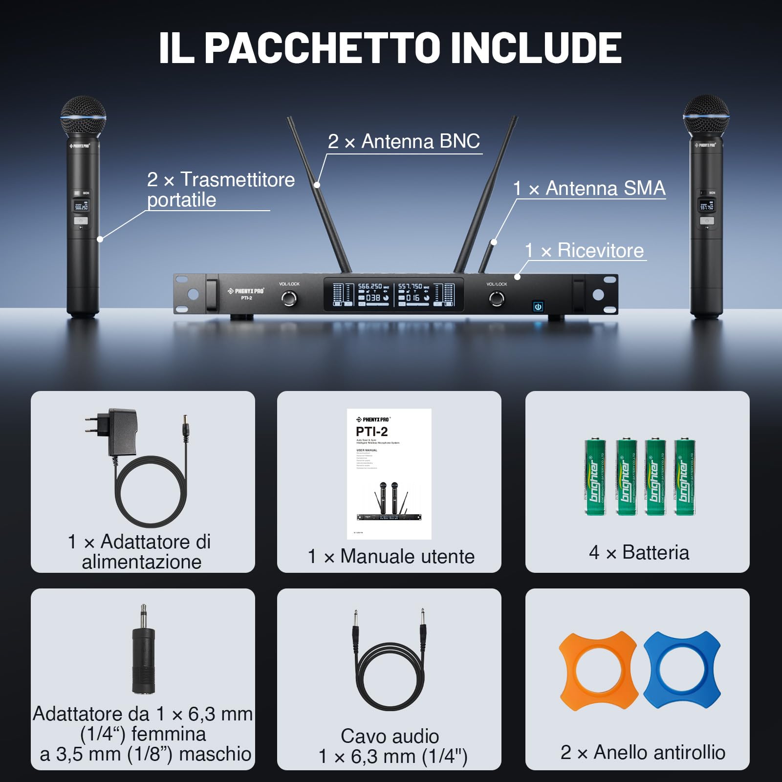 Phenyx Pro Sistema Microfono Wireless UHF Talkback 2 Canali PTI-2-2H | Auto Scan & Sync, potenza RF adattiva, 2 × 100 frequenze, portata 328 ft, microfoni dinamici a mano