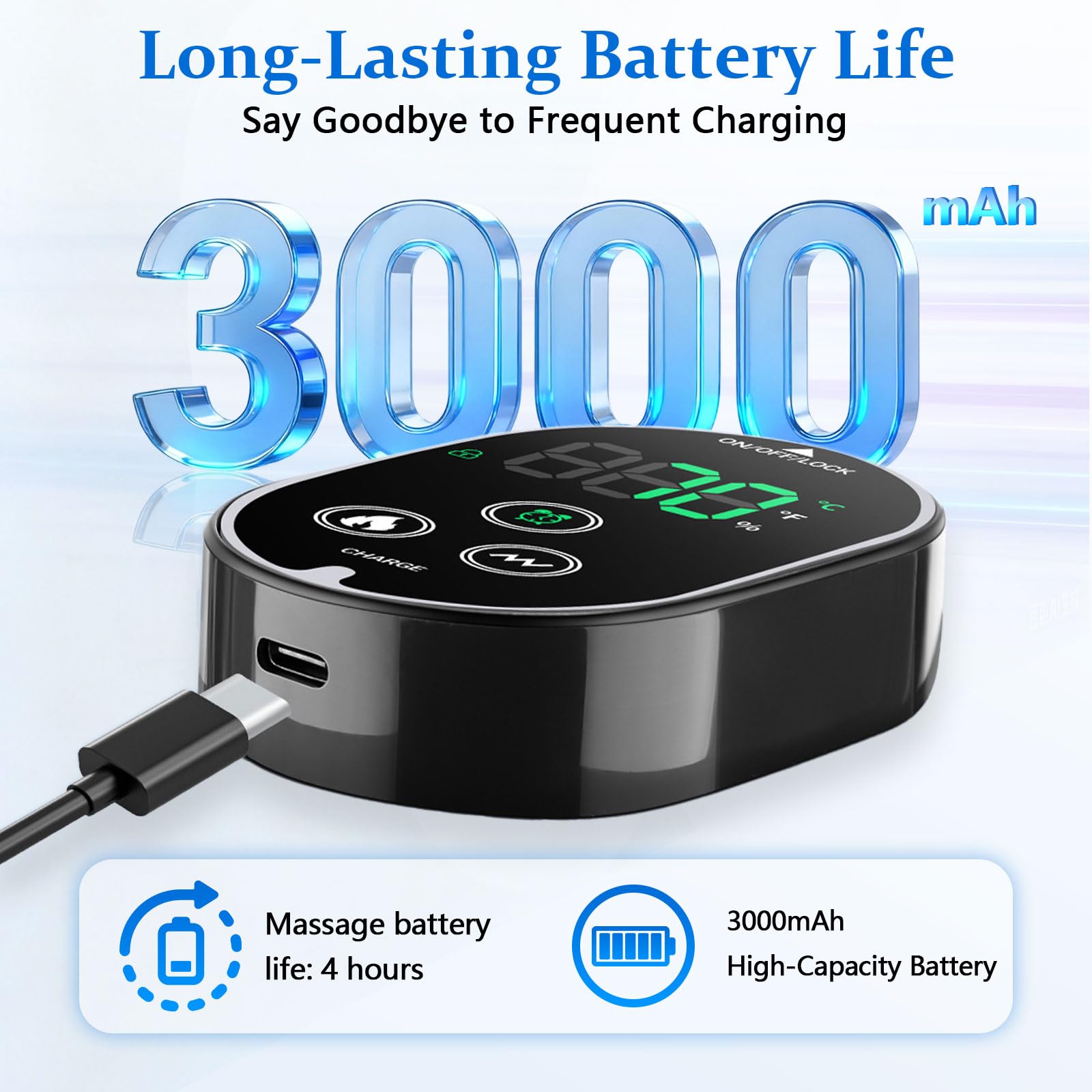 Version Masseur de pieds 3 en 1 avec batterie super longue durée de vie, port de charge USB noir, 3 modes de vibration, contrôle de la température à 6 vitesses, circulation et soulagement de