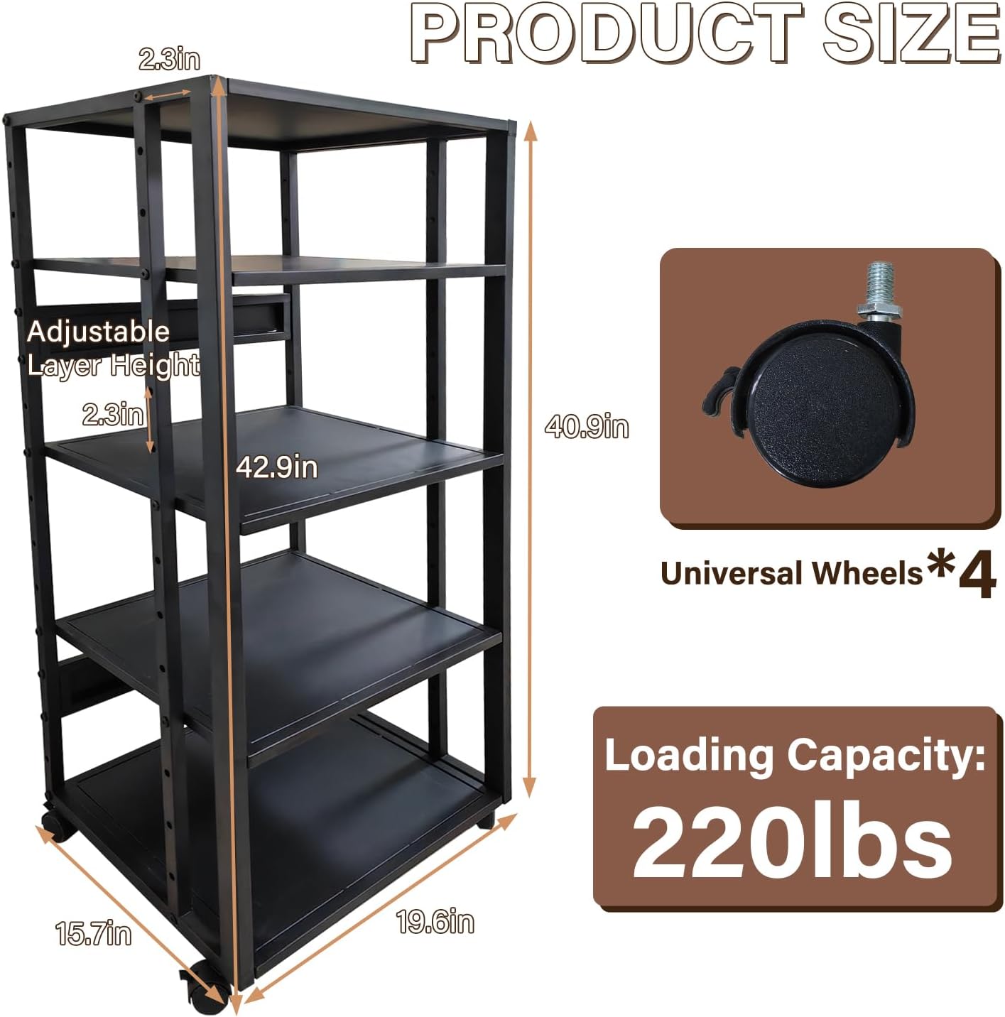 5-Tier AV Media Stand with Wheels, Media Console Cabinet With Adjustable Shelves, Metal Audio Rack, Mobile Game Console Stand, Stereo Audio Cabinet For Record Player, Dvd, TV Box