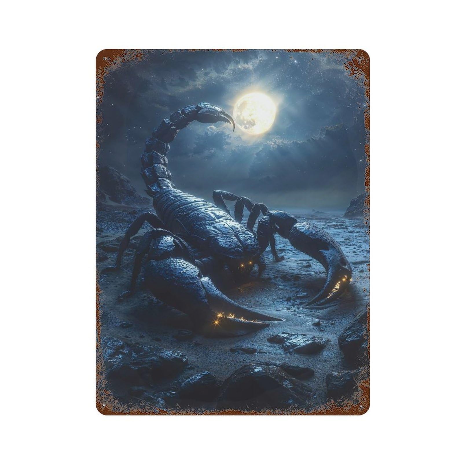 Vintage Rust Metal Sign with Giant Scorpion Under Moonlight Design 15.7"x11.8", for Shed, Workshop And Garage Wall Decor, Classic Wall Plaque