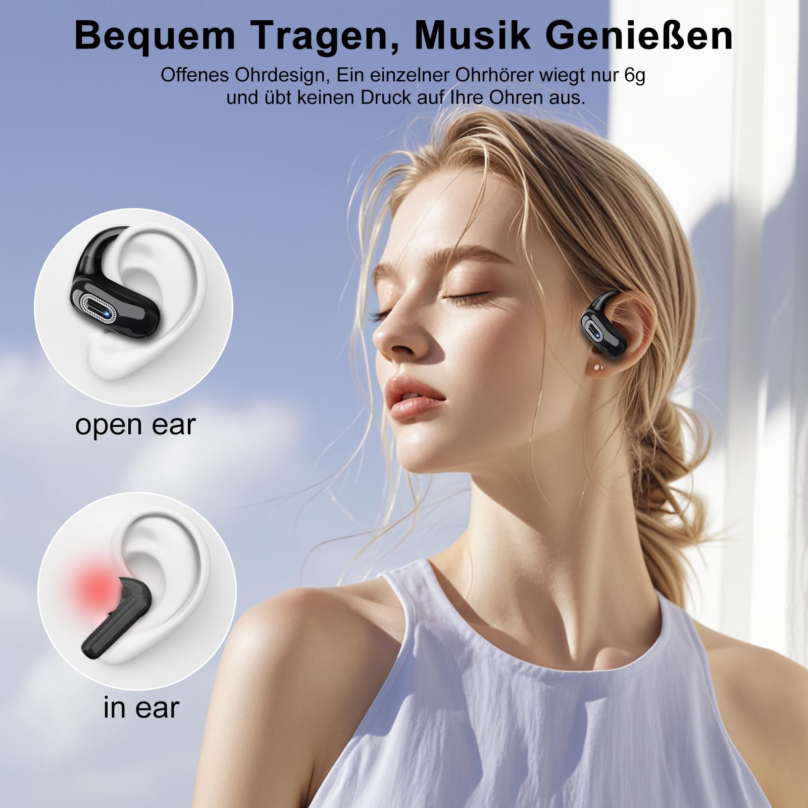 Open Ear Kopfhörer, Bluetooth 5.4 Kopfhörer Kabellos, Tiefer Bass mit 4 ENC Mikrofon, 58 Std, Sportkopfhörer Over-Ear mit Ohrhaken, IPX7 Wasserfest Bluetooth Ohrhörer für Laufen, Fitness, Schwarz