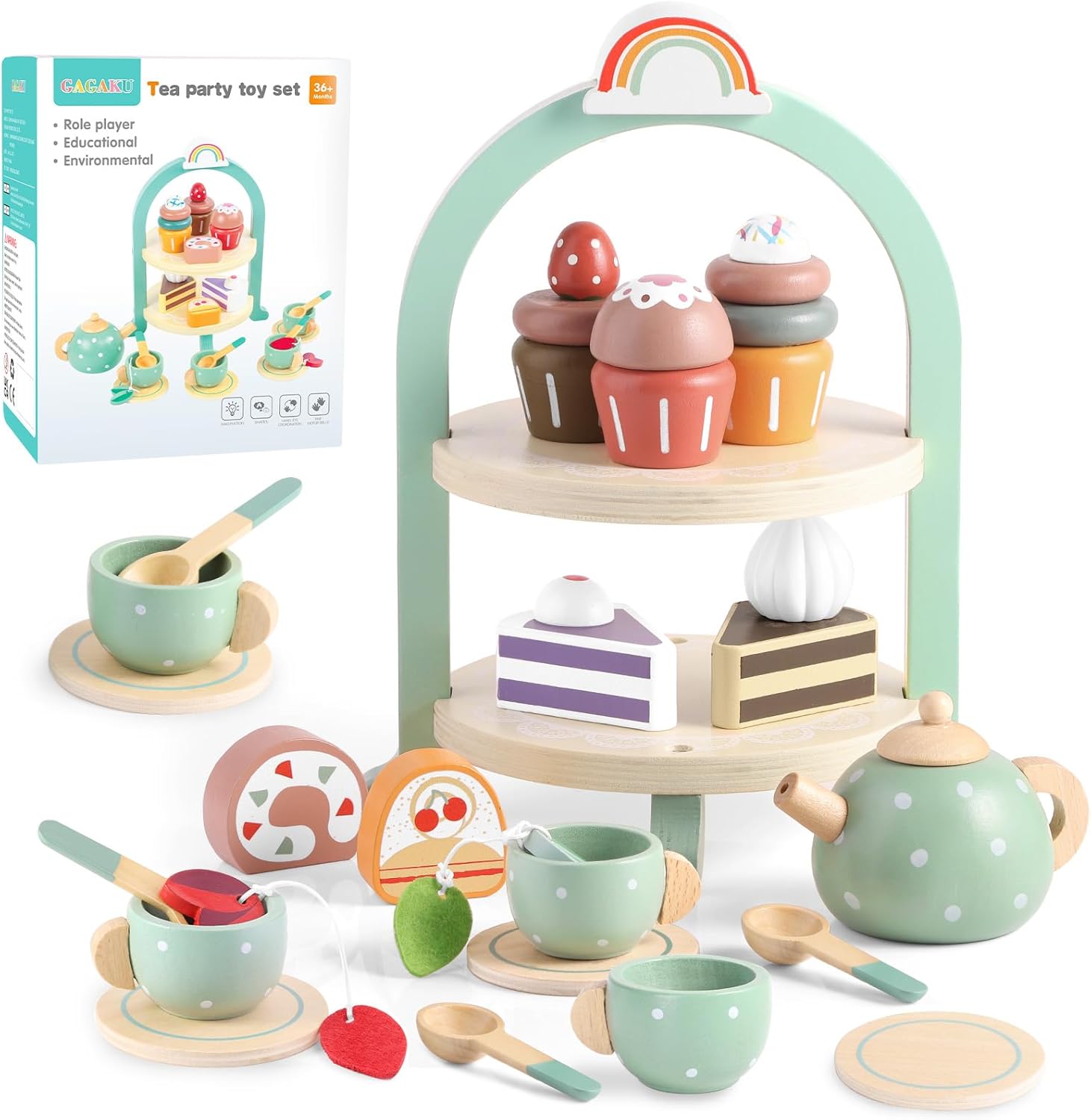 Toy Tea Sets, GAGAKU Wooden Tea Party Set for Little Girls