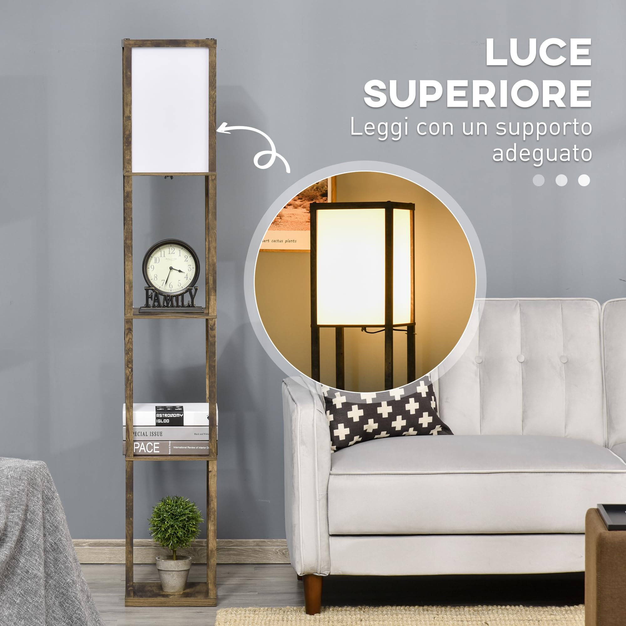 HOMCOM Lampada da Terra Piantana 40W con 3 Scaffale, Attacco E27, Lampada da Pavimento Moderno con Paralume in Acrilico, Soggiorno, Salotto, Camera da Letto, Studio, Ufficio, 26x26x160cm, Color Legno