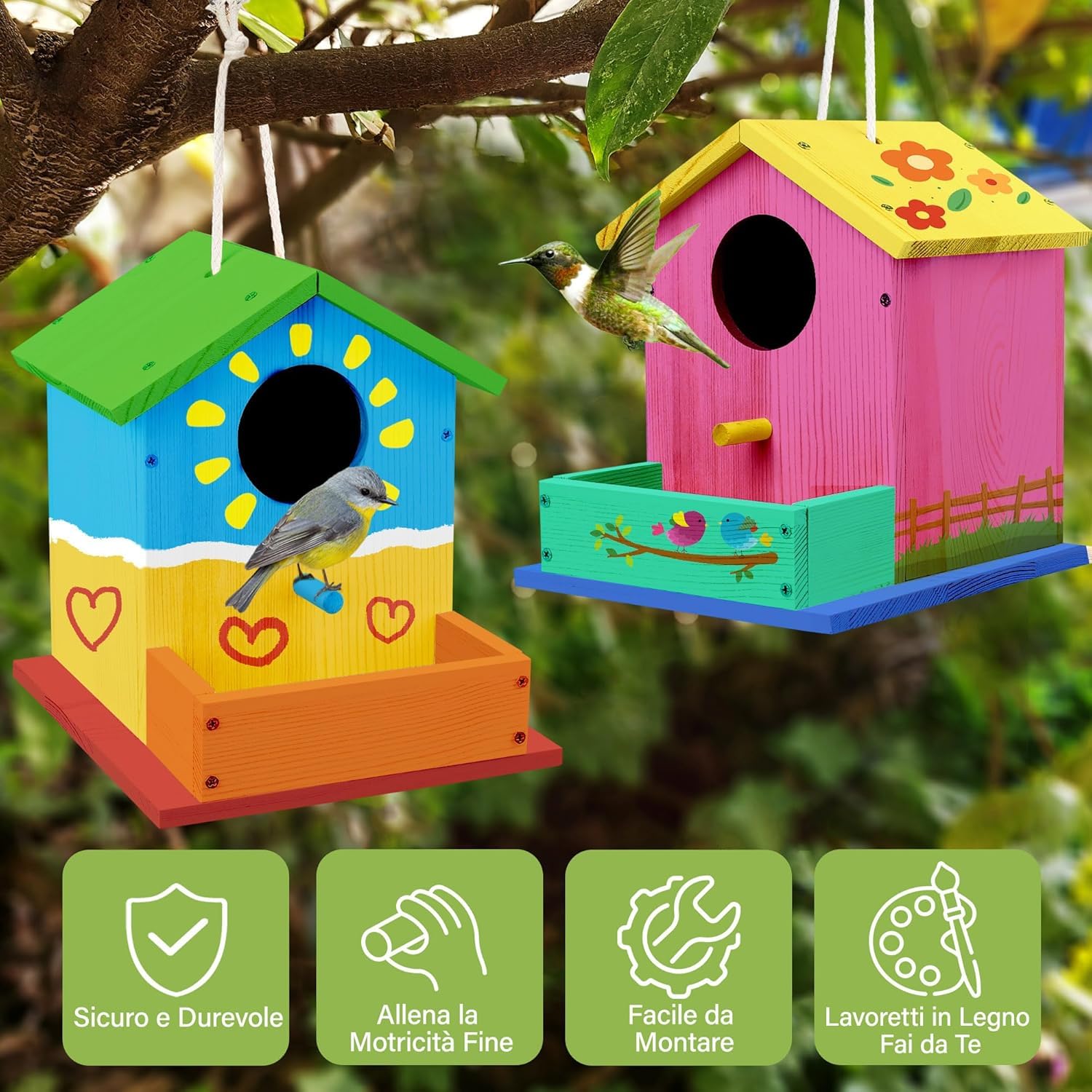 LotFancy Casetta per Uccelli Fai da Te in Legno per Bambini, Kit Fai da Te 2 Casette Uccellini da Dipingere, Giocattoli Creativi per Ragazzi, Artigianato Cassetta per Uccelli, Giocattoli Educativi
