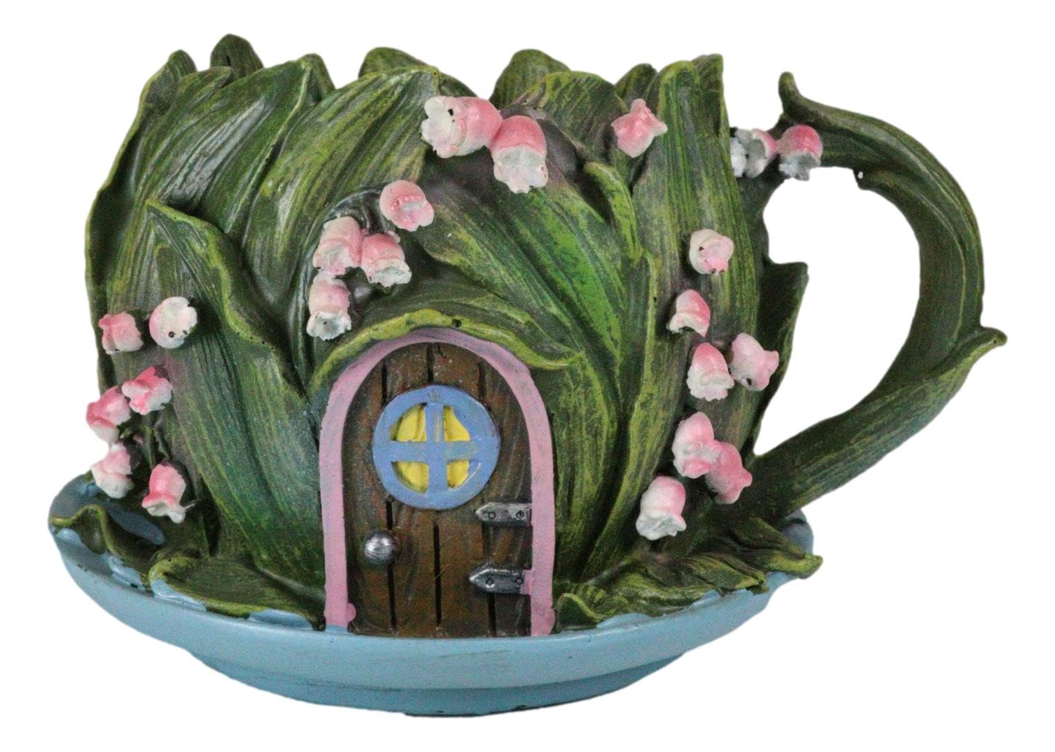 Ebros Gift Enchanted Fairy Garden Green Forest Leaf Foliage Cottage Nook Tea Cup Shaped Home Floral Planter or Vase Figurine 7.25" Long Mini Do It Yourself Ideas Fantasy Fairies Pixies Gnomes