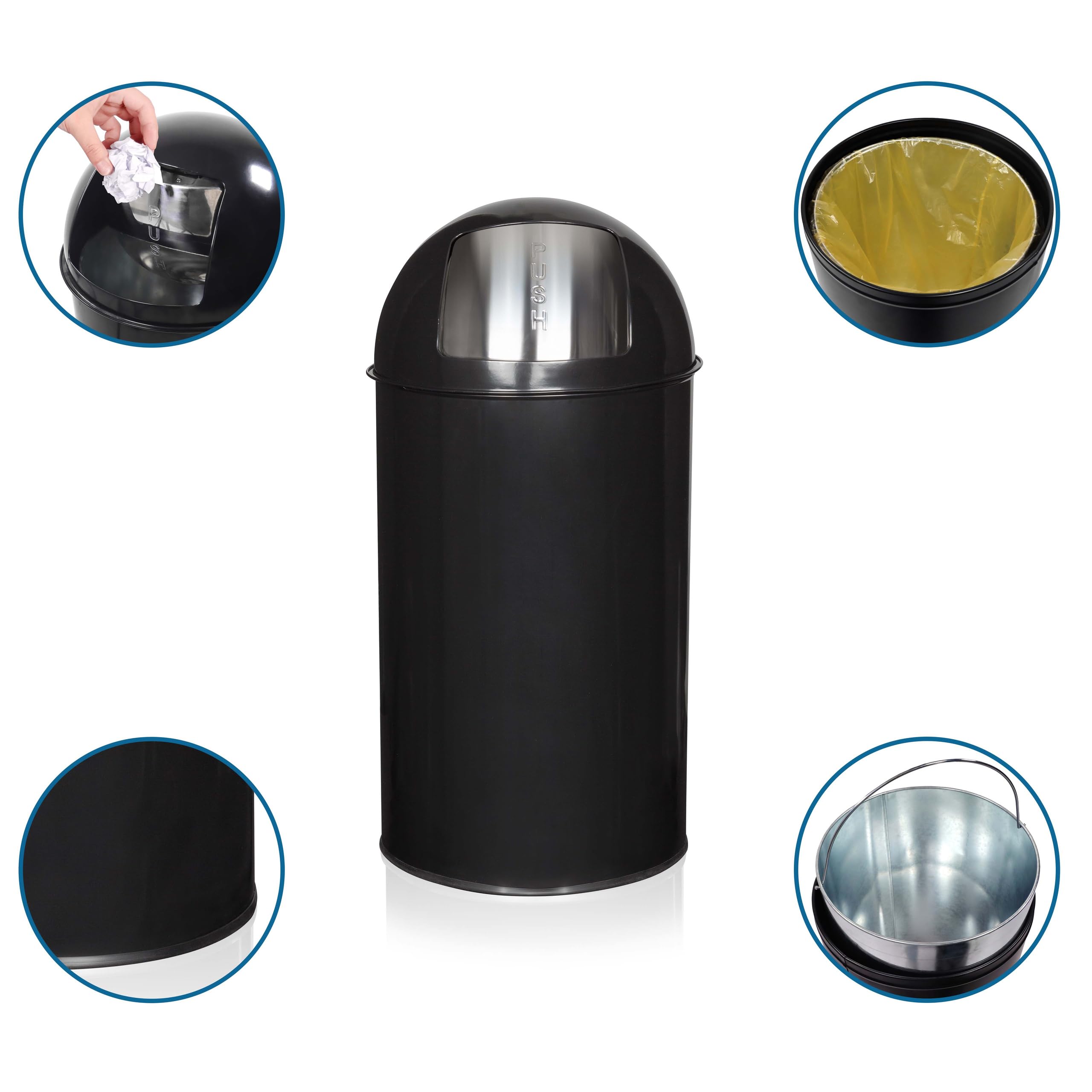 hjh OFFICE 741008 Poubelle XXL PUSH 50L noir Collecteur de déchets rétro avec clapet à poussoir