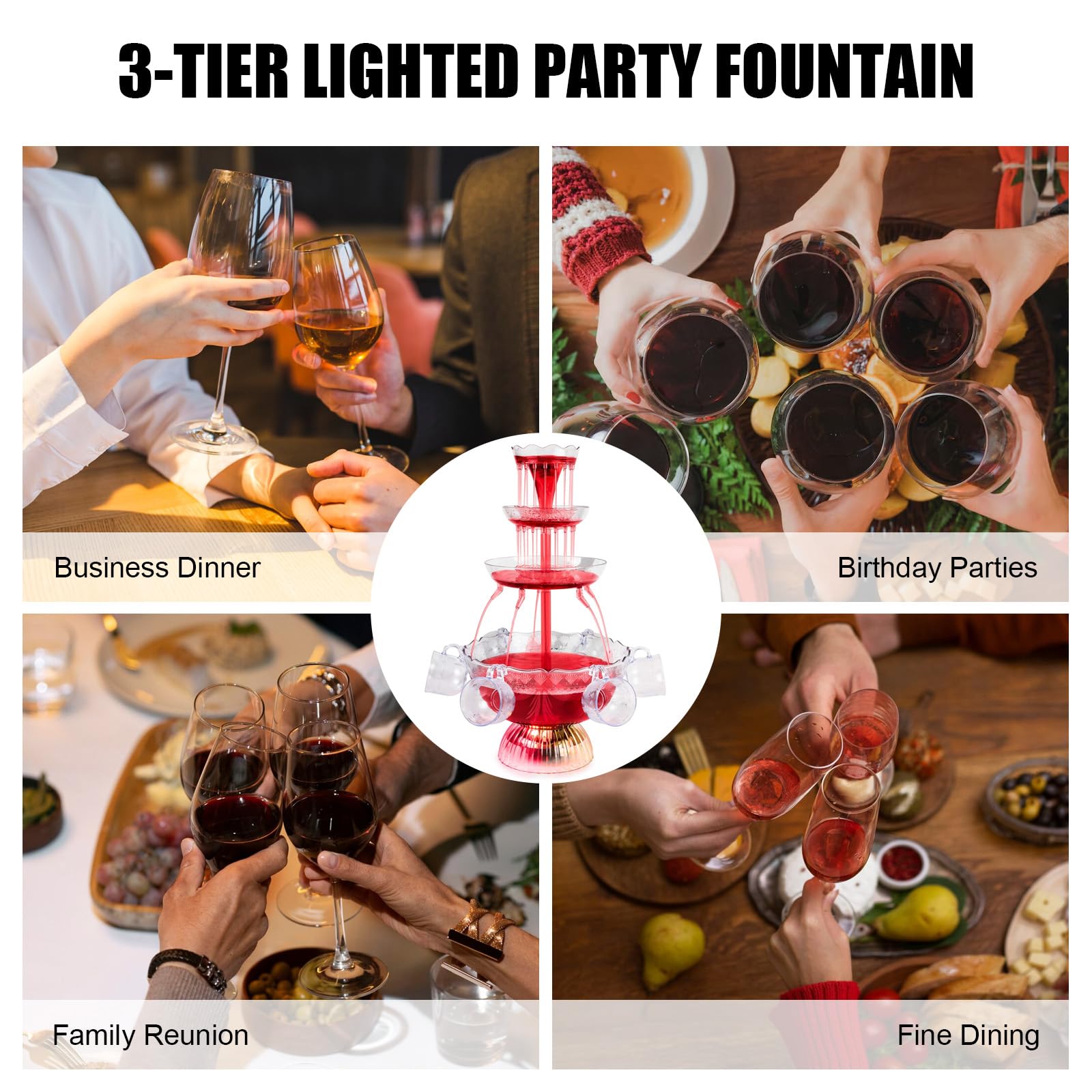 3-stufiger klarer Partybrunnen, Partybrunnen mit 5 wiederverwendbaren Bechern, LED-beleuchteter Sockel, Saft Und Weinbrunnen Trinkbrunnen für Kneipen, Hauspartys und Geburtstagsfeiern