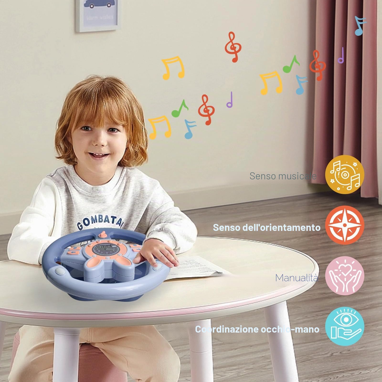 Volante Giocattolo per Bambini, Simulatore di Guida Bambini con Giochi Musicali, Luci e Vibrazioni, Gioco di Ruolo 360°Ruota Volante Giocattolo per Auto 3 5 6 Anni (Blu)