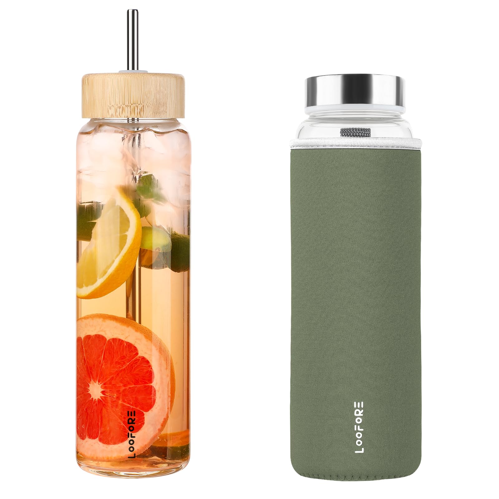 Glasflasche 1 liter / 1l mit Strohhalm, Wasserflasche Glas 1000ml mit 2 Deckeln und Neoprenhülle, Trinkflasche Spülmaschinenfeste, Water Bottle für kohlensäurehaltige Getränke, 1 Stück