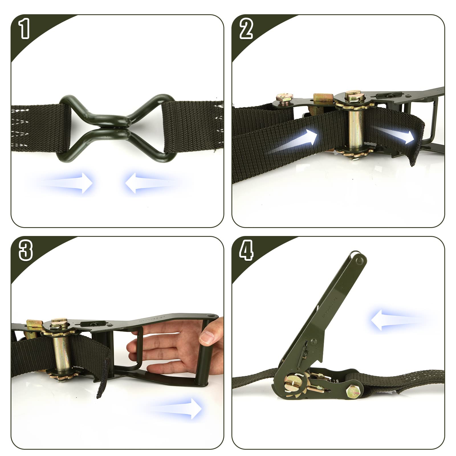 2 set di cinghie di fissaggio a cricchetto regolabili, 5 cm x 6 m, cinghie di fissaggio con manico e gancio in metallo, resistenza alla rottura di 5 tonnellate per camion, auto, moto, colore: verde