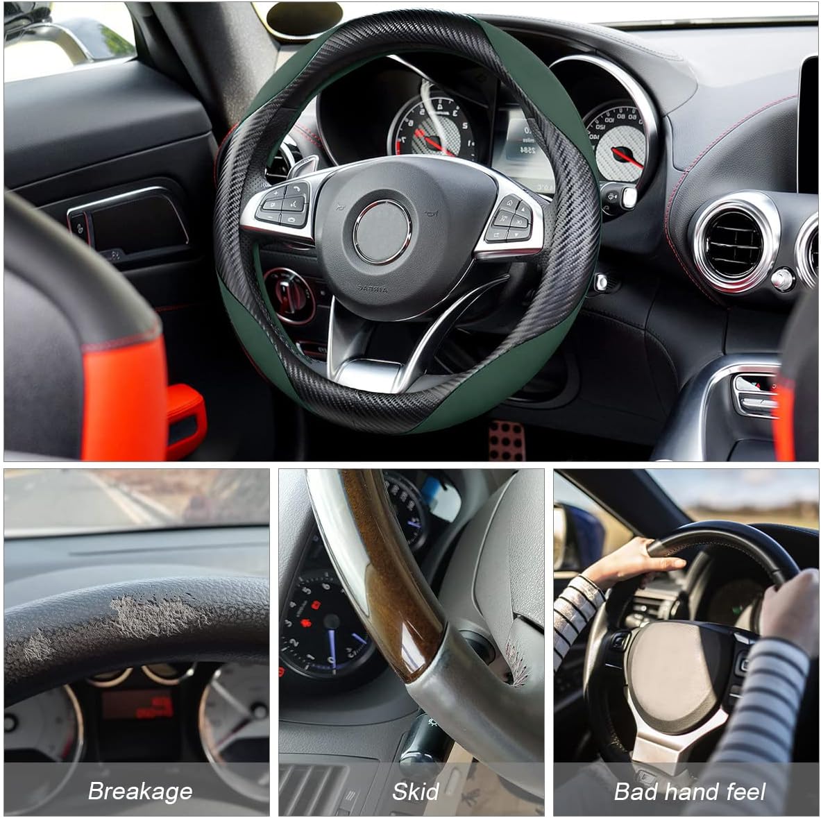 Steering Wheel Cover for Women and Men, Carbon Fiber Plush Steering Wheel Cover Soft Anti-Slip Comforting, Universal 15 Inches Steering Wheels Accessories (Carbon Fiber Black/Green) - Image 2