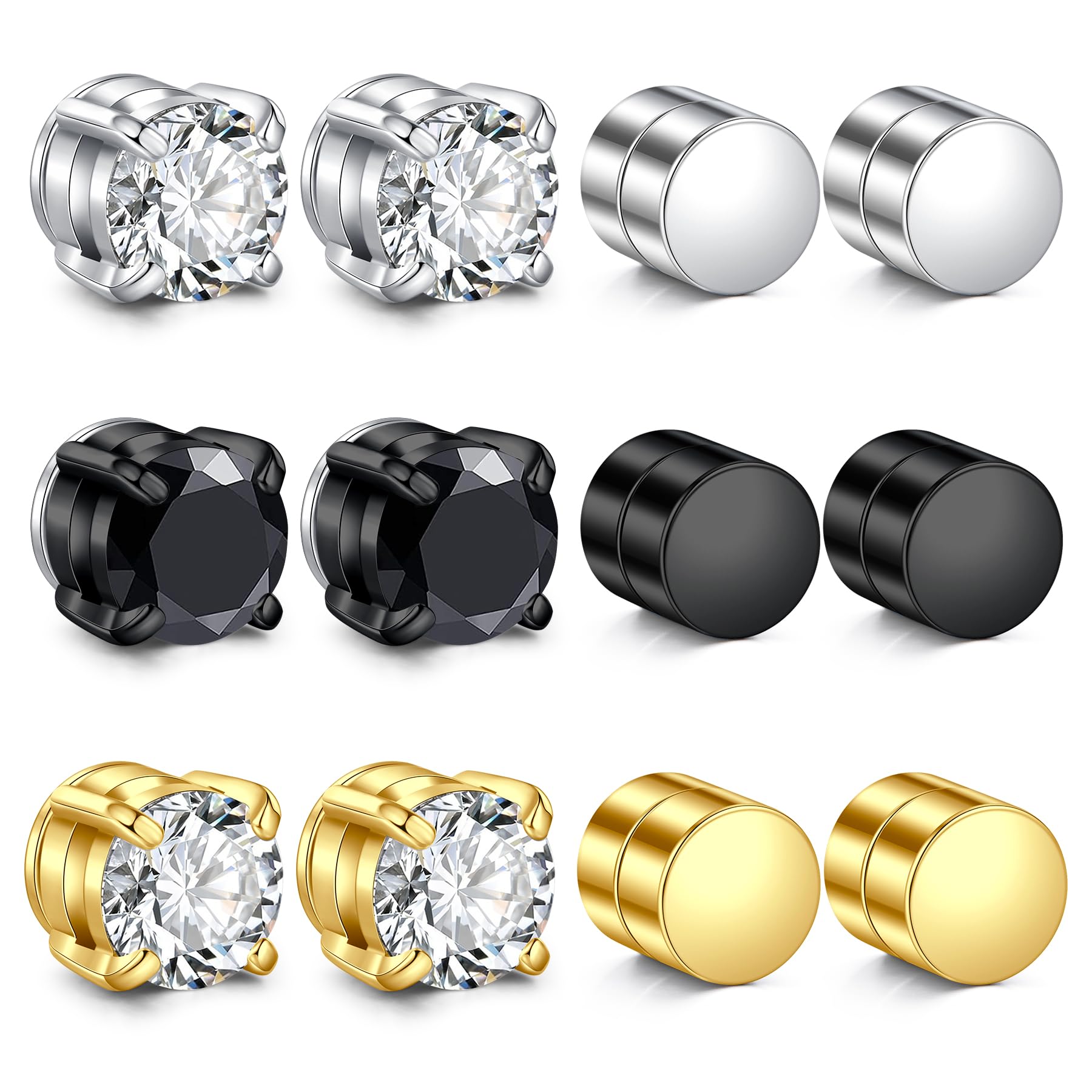 Men's Magnetic Stud Earrings - Non Piercing Fake Clip On Earring Stainless Steel Hypoallergenic Magnet Ear Rings for Men, Fashion Diamond Design, Silver/Black Styles-image-20