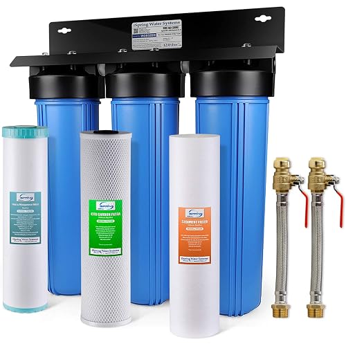 iSpring WGB32BM+AHPF12MNPT16X2 3-Stage Whole House Water Filter System, Reduces Iron & Manganese, Chlorine, Sediment Home Water Filtration System w/ 3/4'' Braided Stainless Steel Hose Connectors