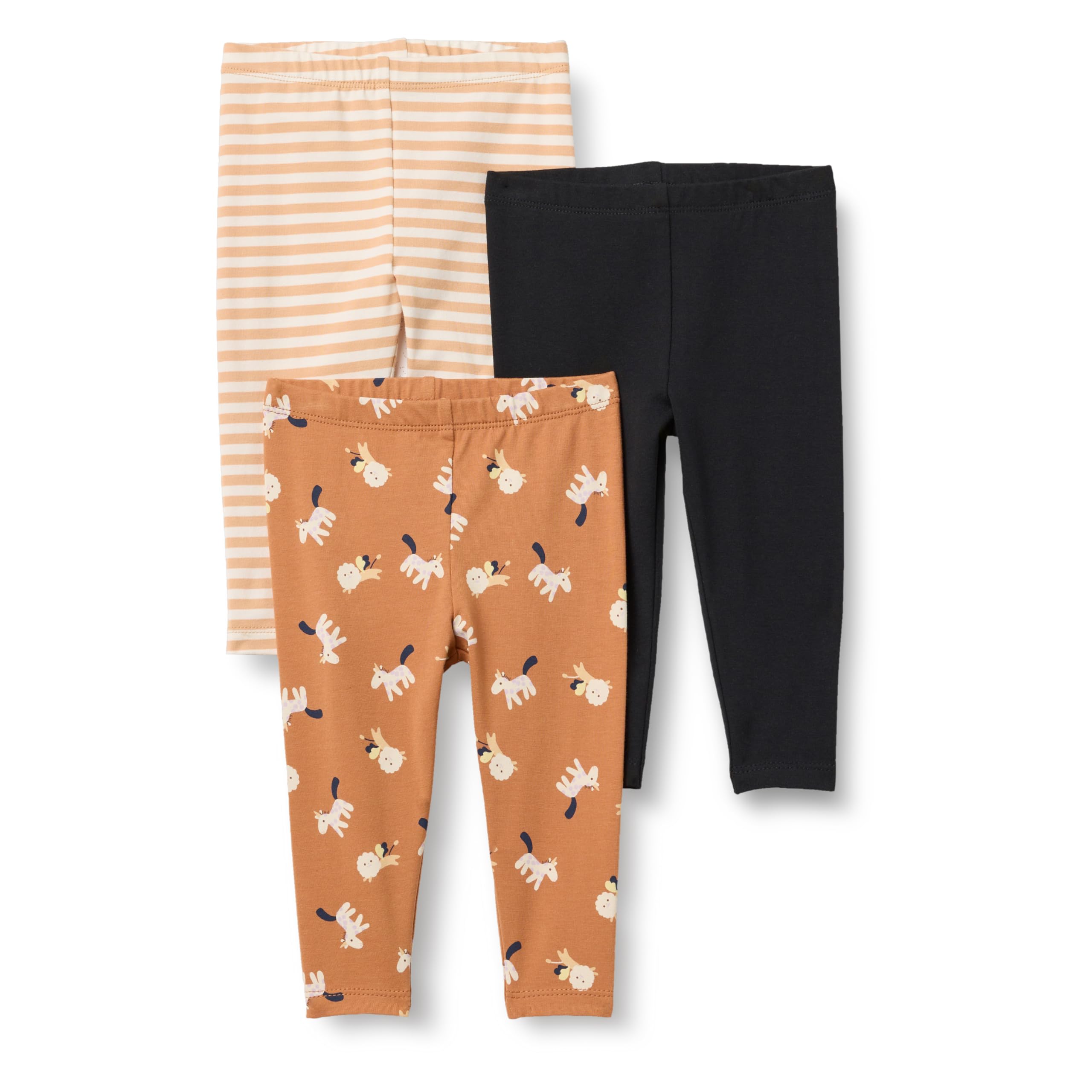 Amazon Essentials Baby Girls' Leggings, Pack of 3, Black/Stripe/Lion and Pony, 0-3 Months