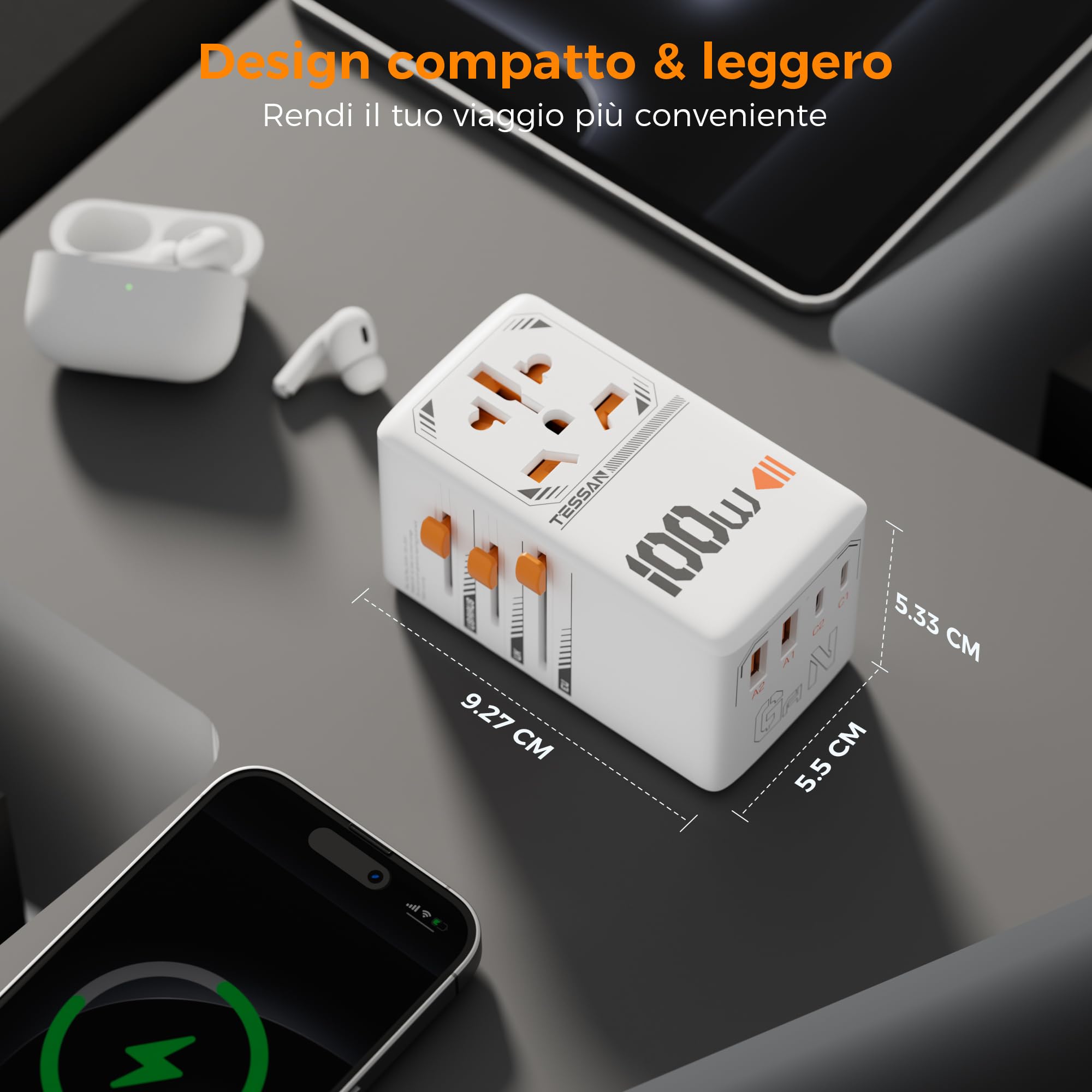TESSAN 100W GaN Adattatore Universale da Viaggio, Caricatore 100W, Presa Universale da Viaggio con 2 USB A e 2 USB C, Adattatore Presa Spina per UK, USA, Australia, Tailandia, Giappone