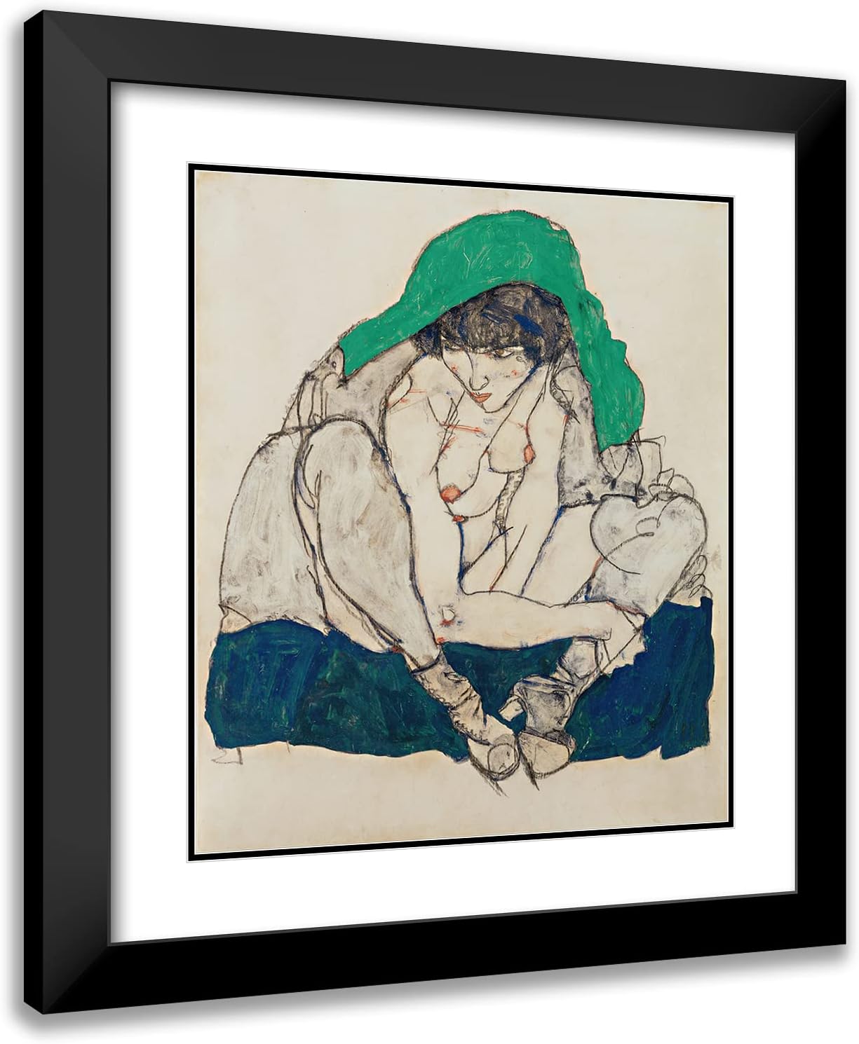 ArtDirect Egon Schiele 20x23 Black Modern Frame and Double Matted Museum Art Print Titled - Crouching Woman with Green Headscarf (1914)