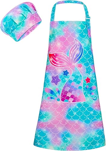 Miniatura 7 de MHJY Juego de delantal y sombrero de chef para niños, delantales para cocinar, hornear, pintar, lindo delantal con bolsillos para niñas de 3 a 12